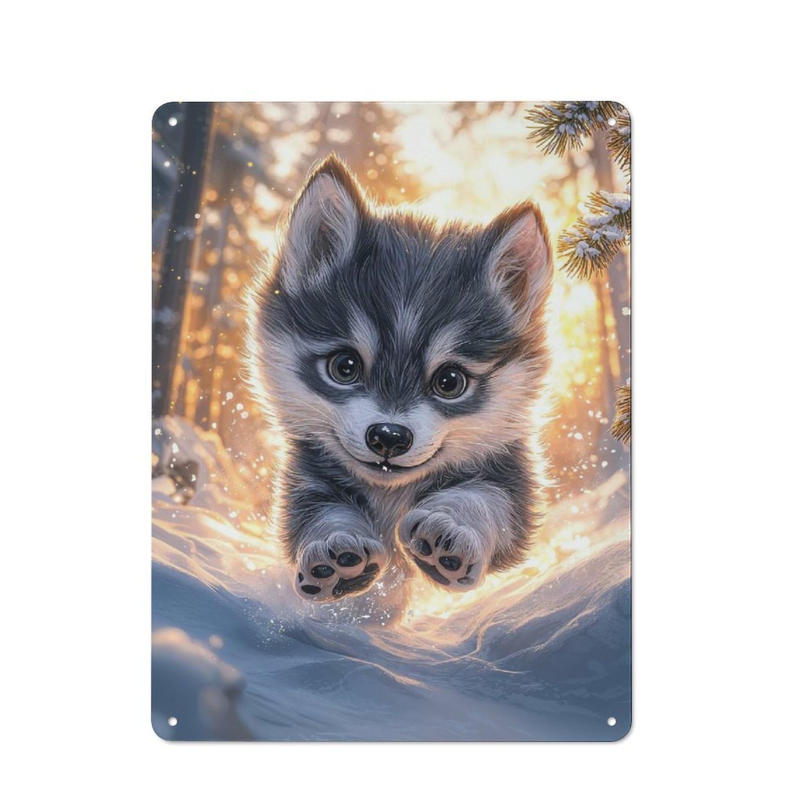 Junmoney Style-8 Cute Wolf Pup In Snow Cottage Style Metal Wall Decor 40X30cm, Tin Wall Plaque For Kitchen, Cottage, Porch Or Garden Room