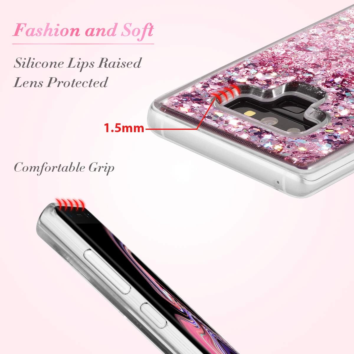 Caka Galaxy Note 9 Case, Galaxy Note 9 Glitter Case Liquid Series Sparkle Fashion Bling Luxury Flowing Liquid Floating Glitter Soft TPU Clear Case for Samsung Galaxy Note 9 (Rose Gold)