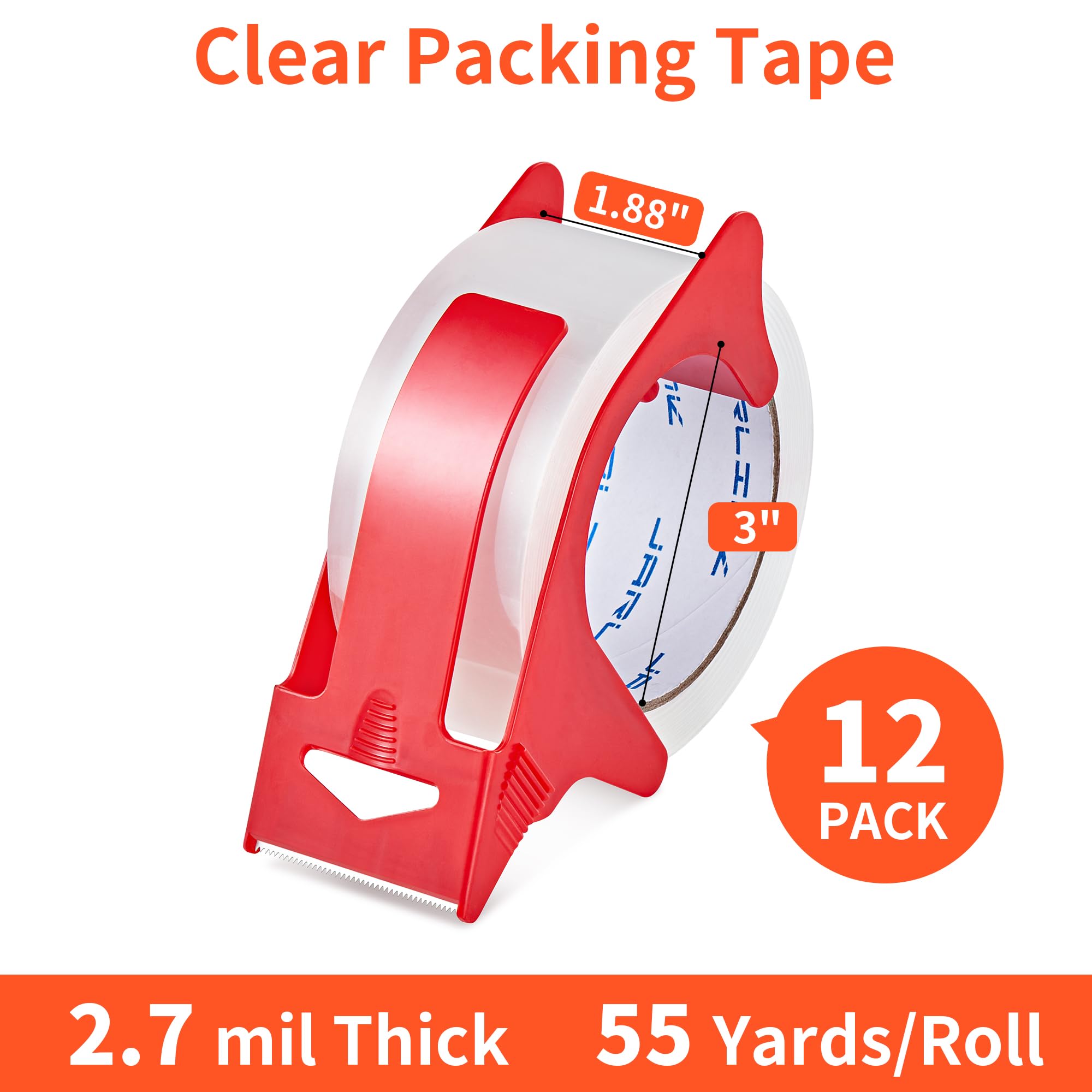JARLINK 12 rollos de cinta de embalaje transparente con 2 dispensadores, recambios de cinta de embalaje resistente para envío de correo, 2.7 mil de grosor, 1.9 pulgadas de ancho, 55 yardas por rollo,