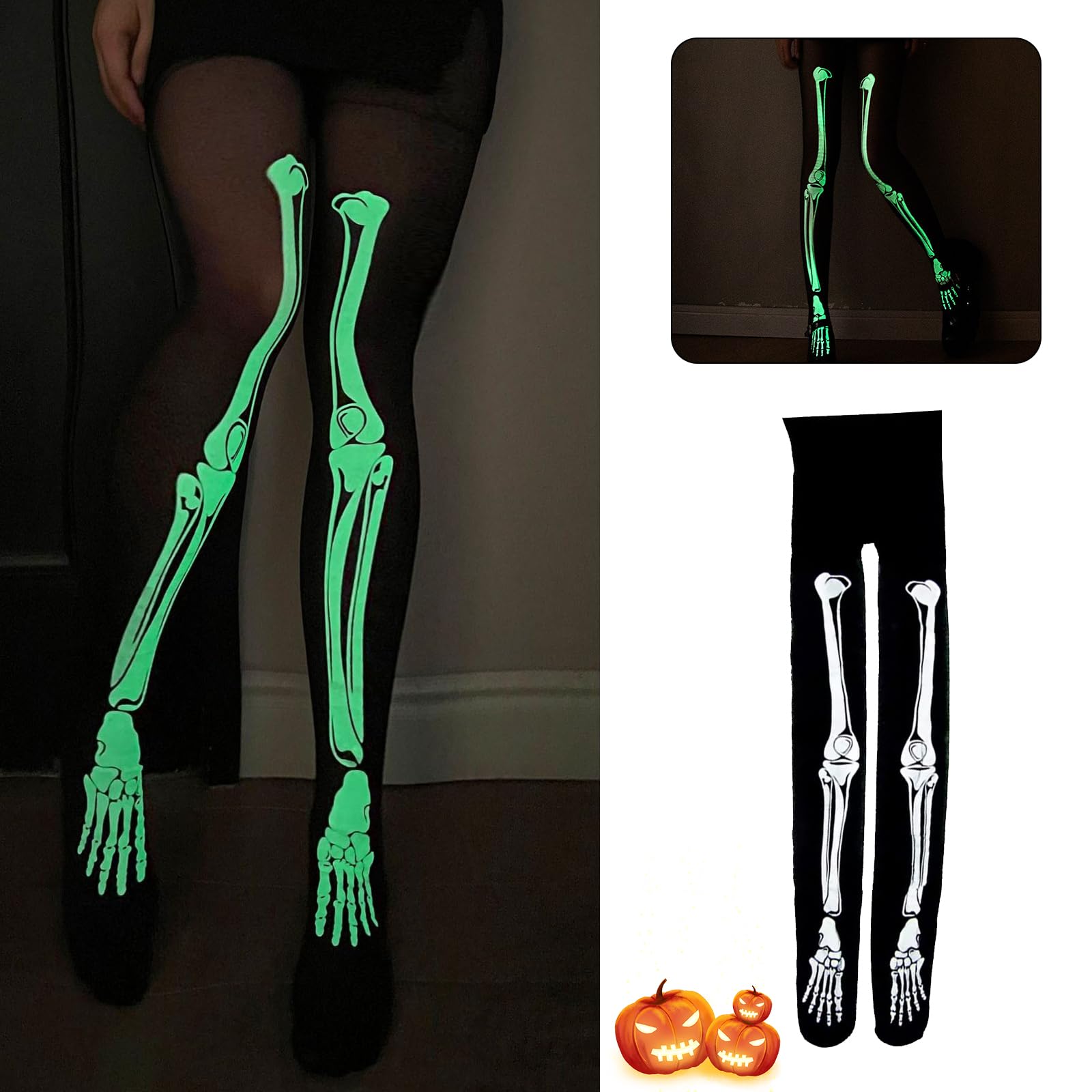 Halloween Fishnet Tights Black, Skeleton Tights Women's Fishnet Stockings (Luminous)