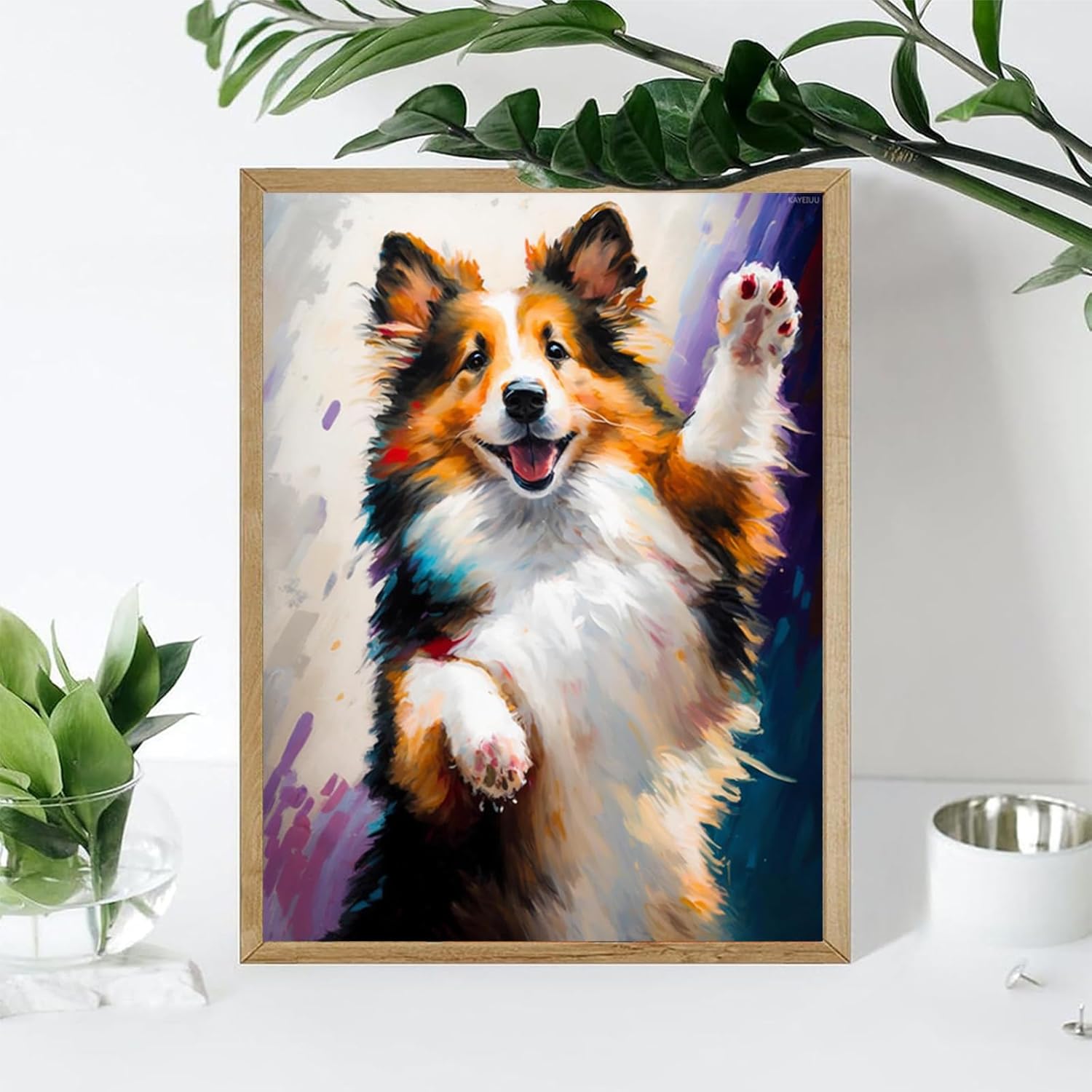 KAYEIUU 5D DIY Cute Animals Diamond Painting Kits, Embroidery Shetland Sheepdog Round Full Drill Diamond Art Kits, Shetland Sheepdog Crystal Gem Arts Painting Craft Home Wall Decor 12x16 inch