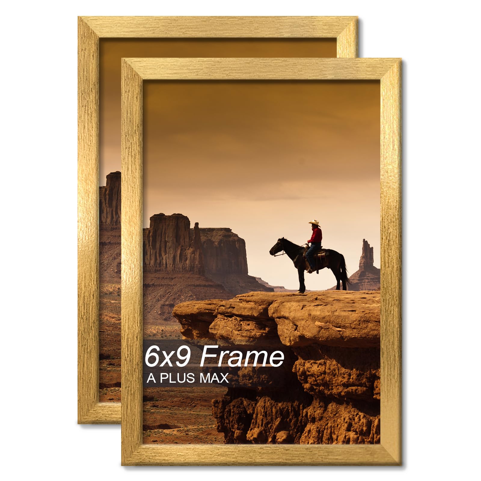 A PLUS MAX 6x9 Picture Frame Set of 2, Gold Engineered Wood Frame for 6 x 9 Inch Picture Poster Photo, Light Weight 6 by 9 Frame with Wood-grain for Wall - 2 Pack/Gold/6"x9"