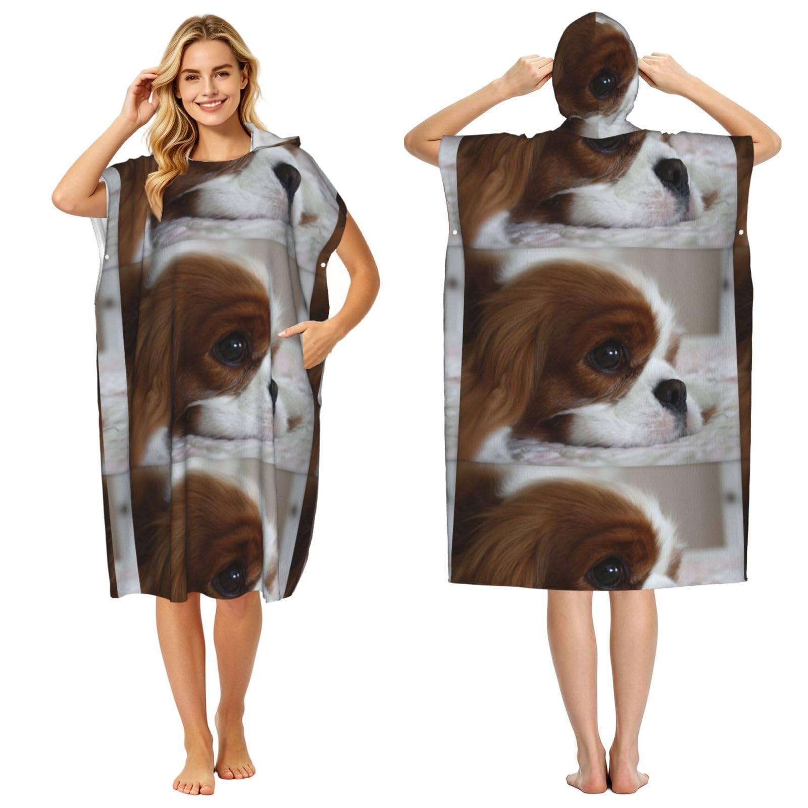 Poadnly Cavalier King Charles Spaniel Pets Puppy Dogs, Adult Hooded Beach Towel 90 x 110 cm,Changing Bath Robe, Surf Poncho Towel For Women Men
