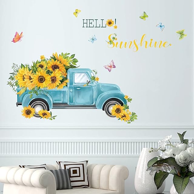 decalmile Sunflowers on Truck Wall Stickers Butterfly Garden Floral Wall Decals Bedroom Living Room TV Wall Art Decor