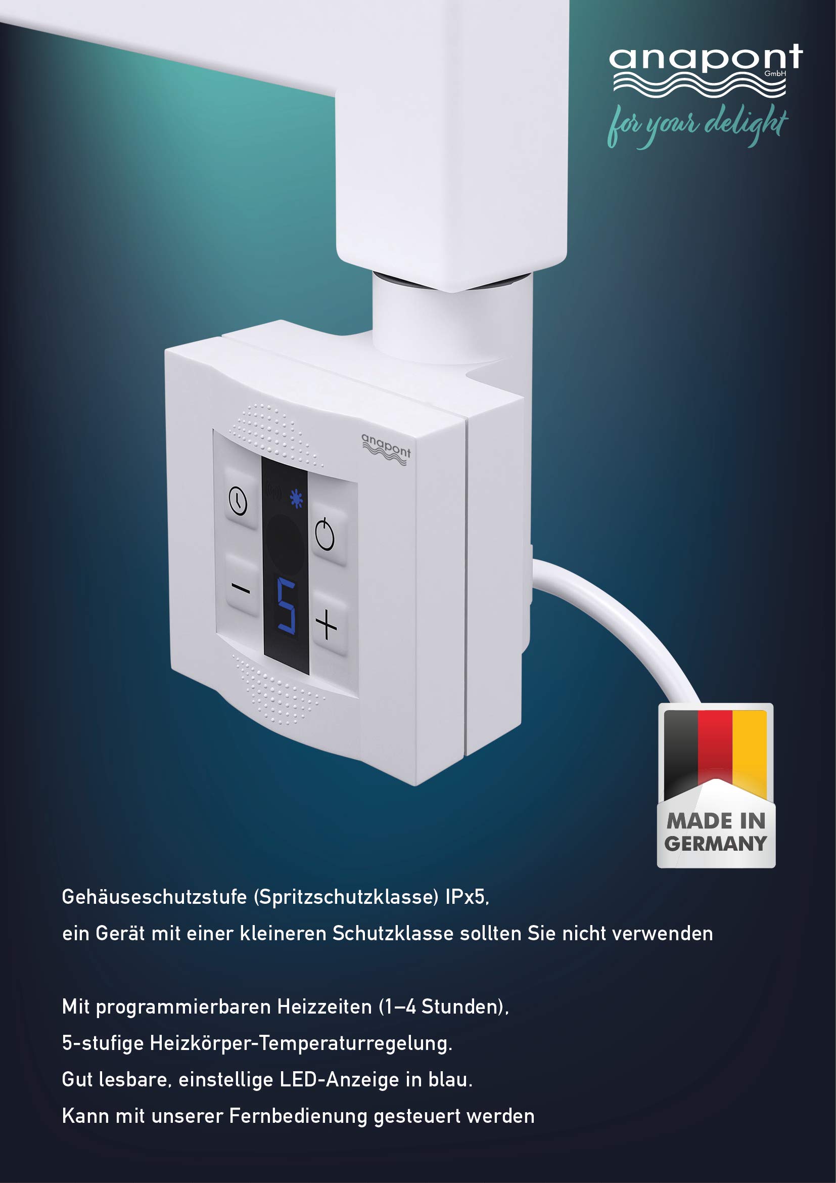 anapont Elektryczny grzejnik łazienkowy Warp T, biały, z grzałką i wkładem grzewczym do wyboru różne rozmiary, wysoka jakość (wkład grzewczy: KTX-4, 110 wys. x 600b)