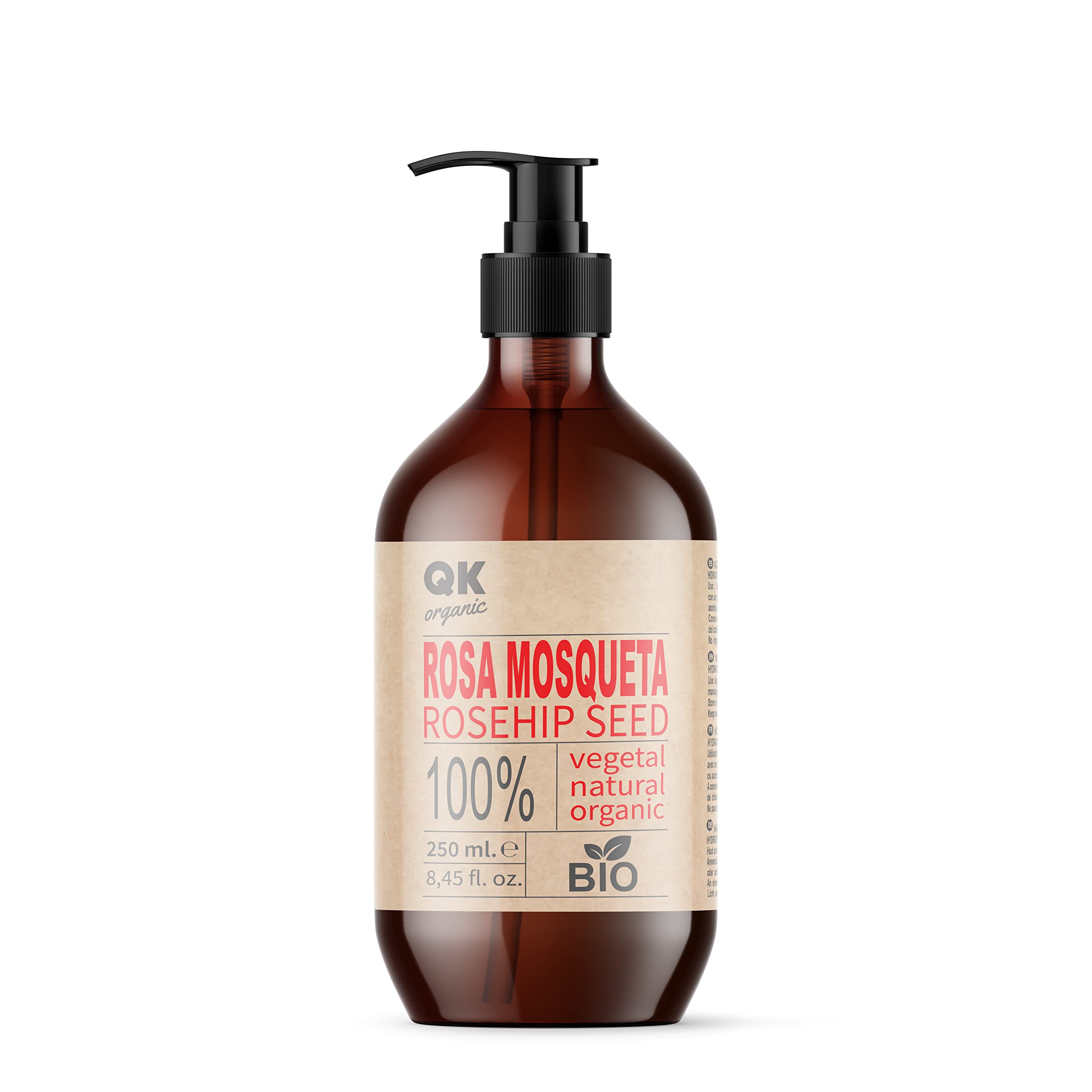 QKnatur - Aceite de Rosa Mosqueta 100% Puro Orgánico Vegano - 250 ml - para Cicatrices y Estrías - Antiarrugas Antiedad- BIO - Prensado en Frío