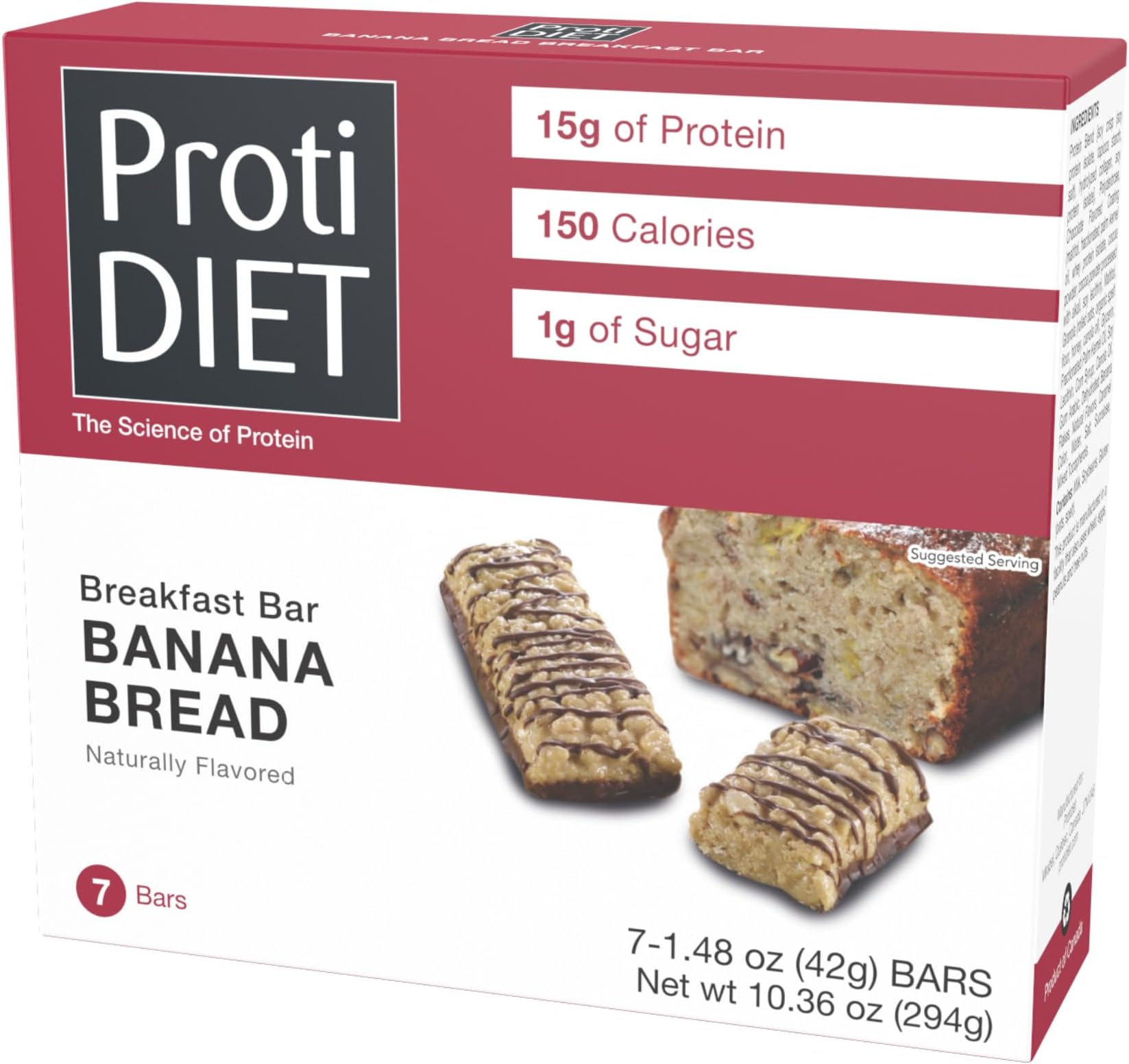 ProtiDiet Protein Bar - Banana Bread (7/Box) - High Protein 15g - Low Calorie - High Fiber