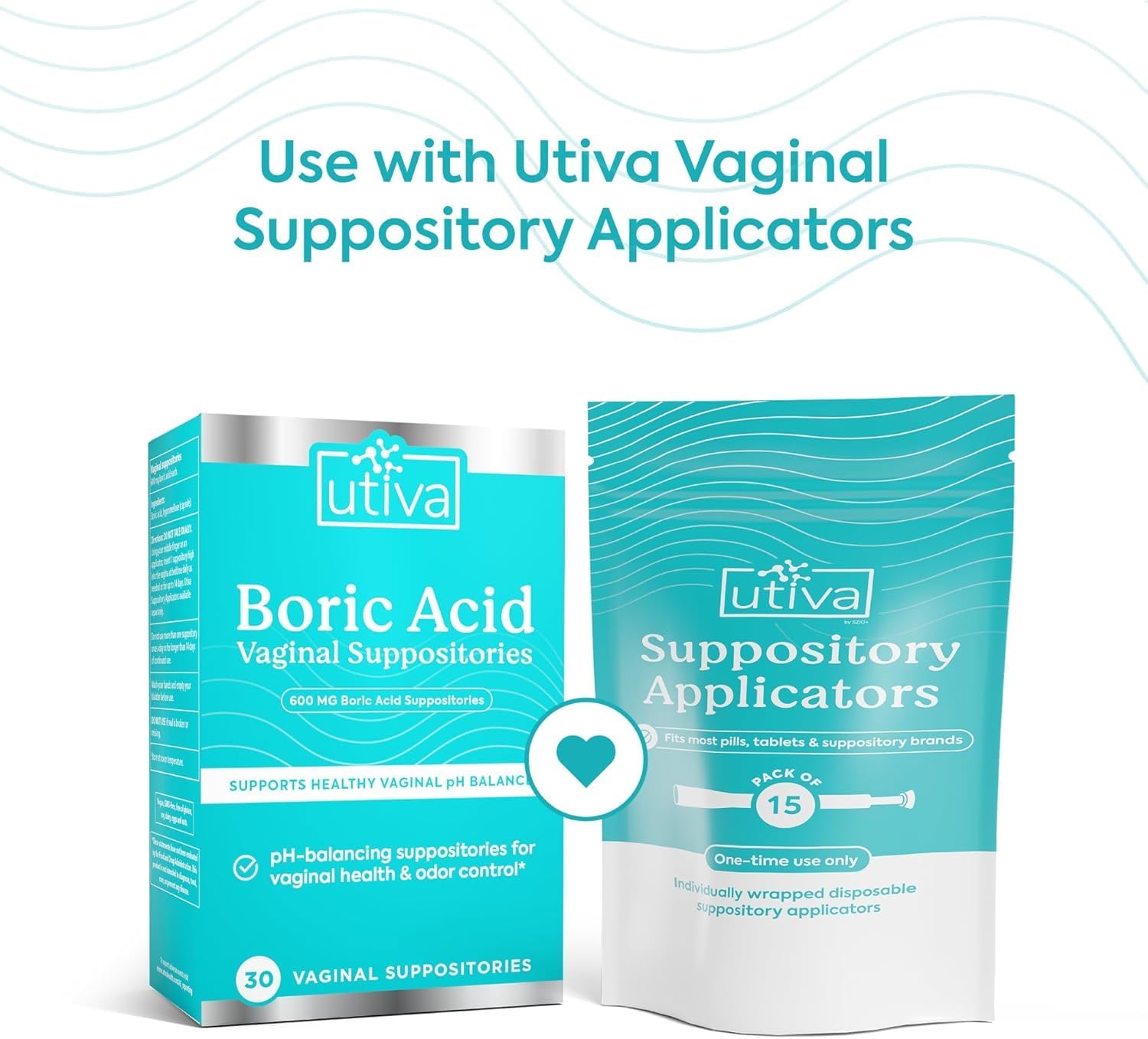 Szio+ Utiva Boric Acid Suppositories for Women - pH Balance - Feminine Care - 600mg Boric Acid to Lower pH and Support Vaginal Health, BV Treatment for Women, 30 Vaginal Suppositories