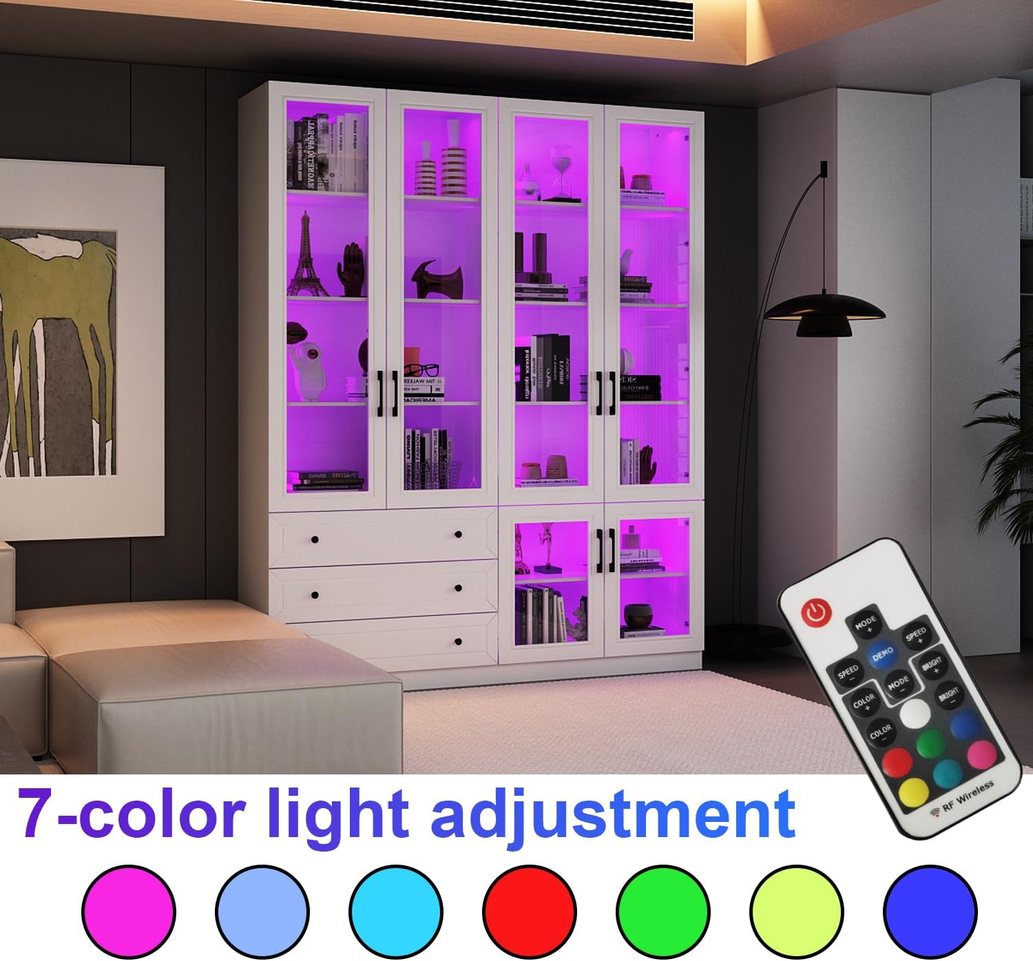 Display Cabinet with Glass Doors, 63" W Bookshelf with Lights in 7 Color Mode, Large Home Office Storage Cabinet with 3 Drawers, Collectibles Cabinet Display Case for Living Room, White