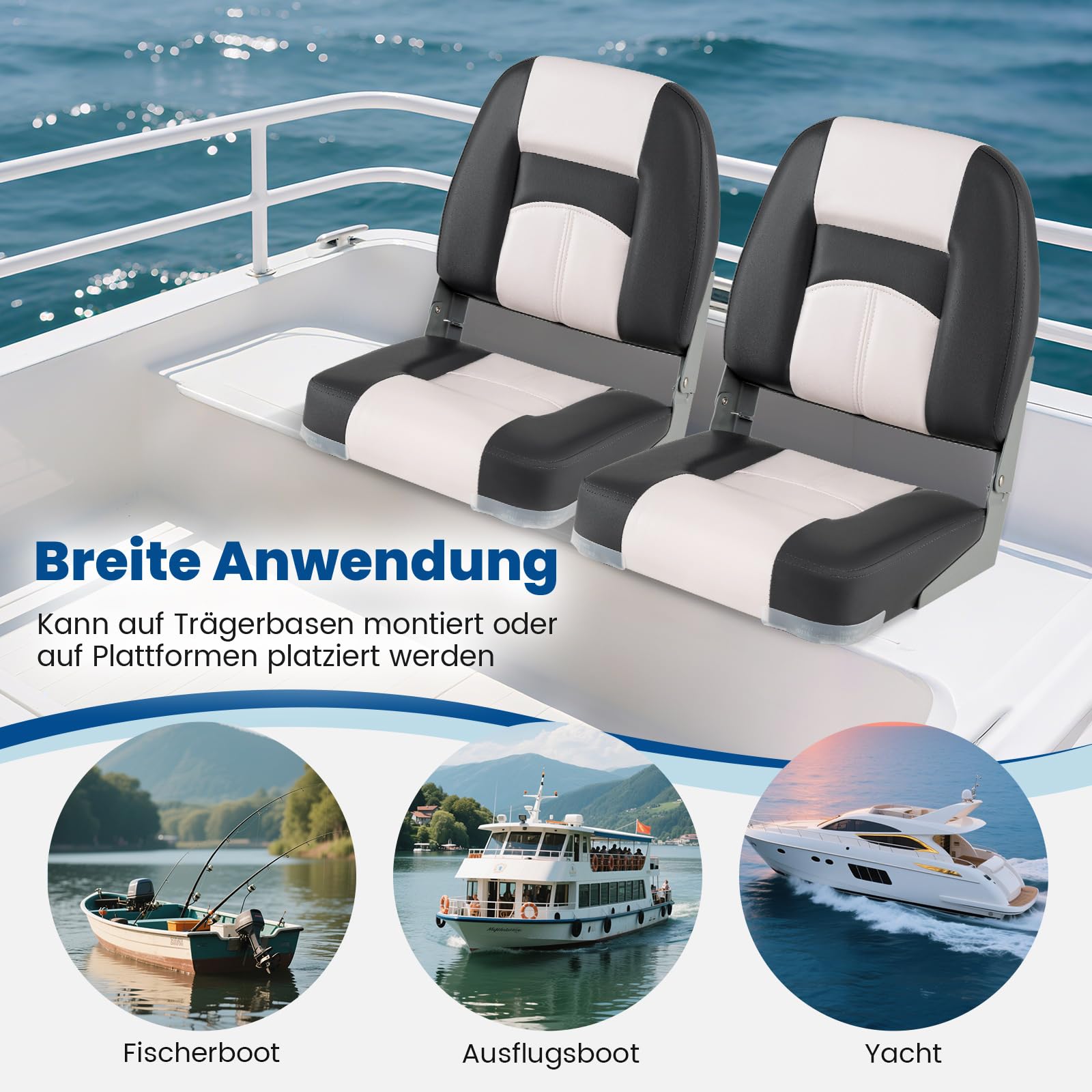 GYMAX Sillas Plegables para Barco, 2 Asientos para Barco de PVC Impermeable con Relleno de Espuma Espesa, Tornillos de Fijación, para Barco de Pesca, Lancha Rápida