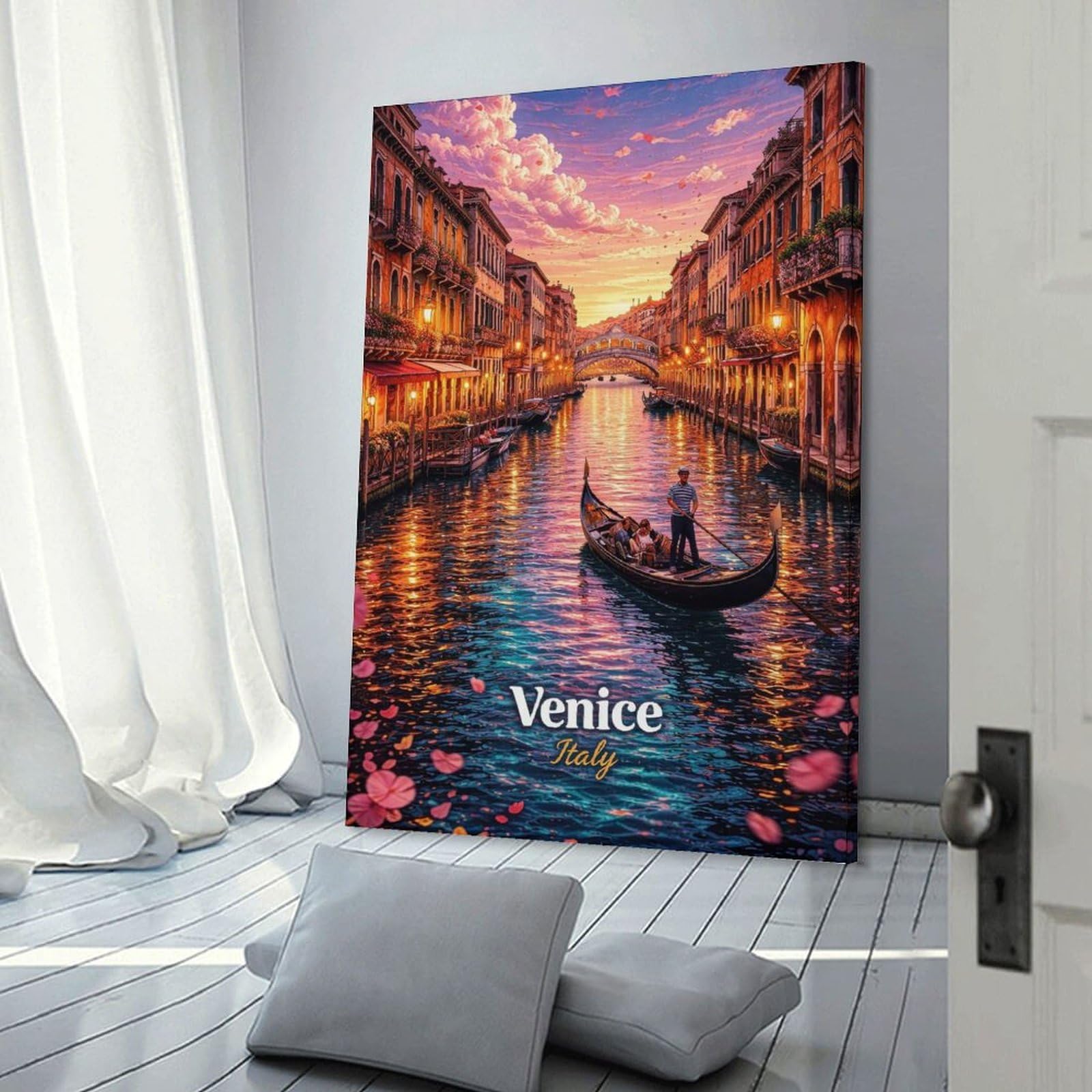 Junmoney Venice Canal at Sunset Wall Art Print, 24x36inch(60x90cm), for Living Spaces, Bedrooms Or Relaxed Rooms, Decorative Artwork for Empty Walls