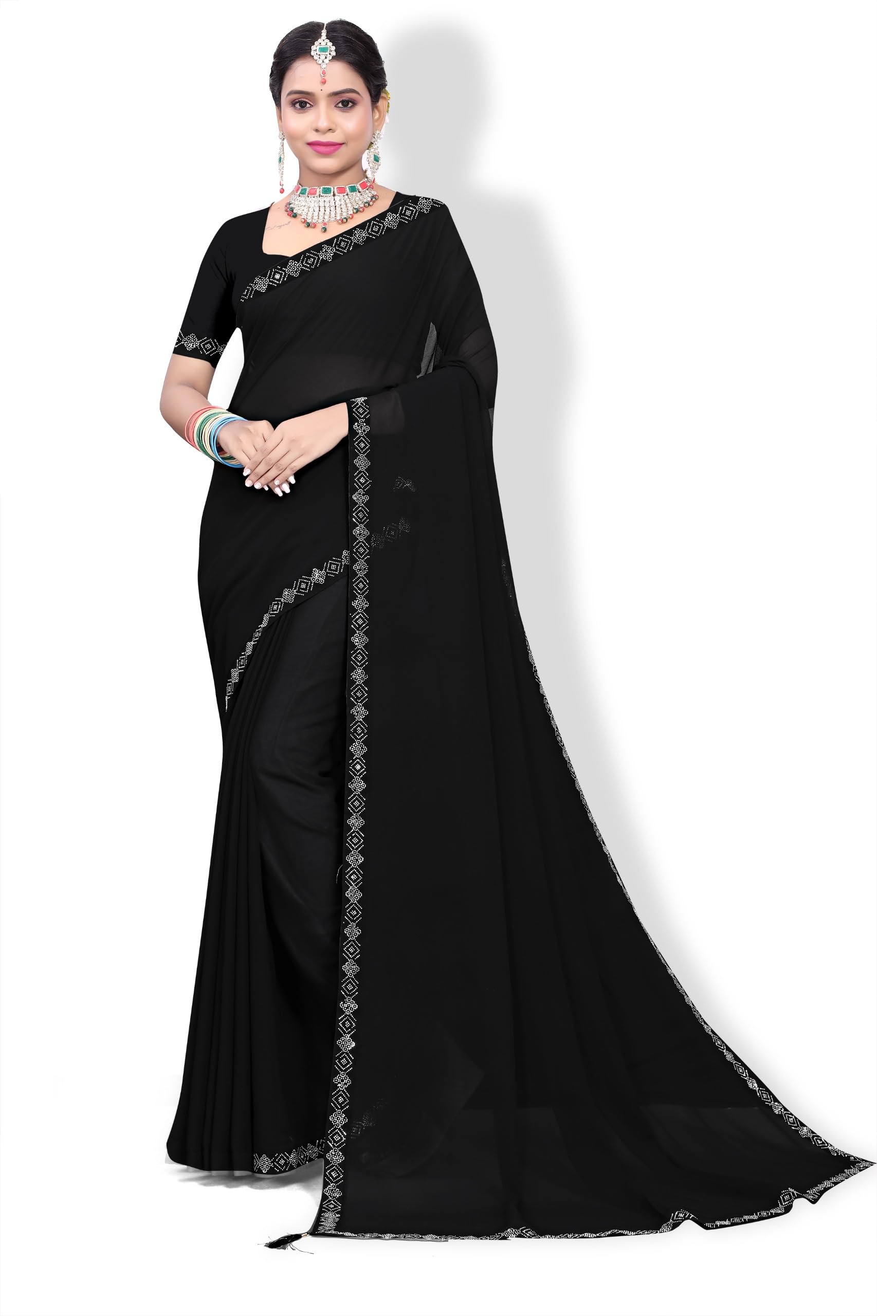 Elegant Black Georgette Saree with Geometric Border Design, Silver Embroidered Pattern-image-23