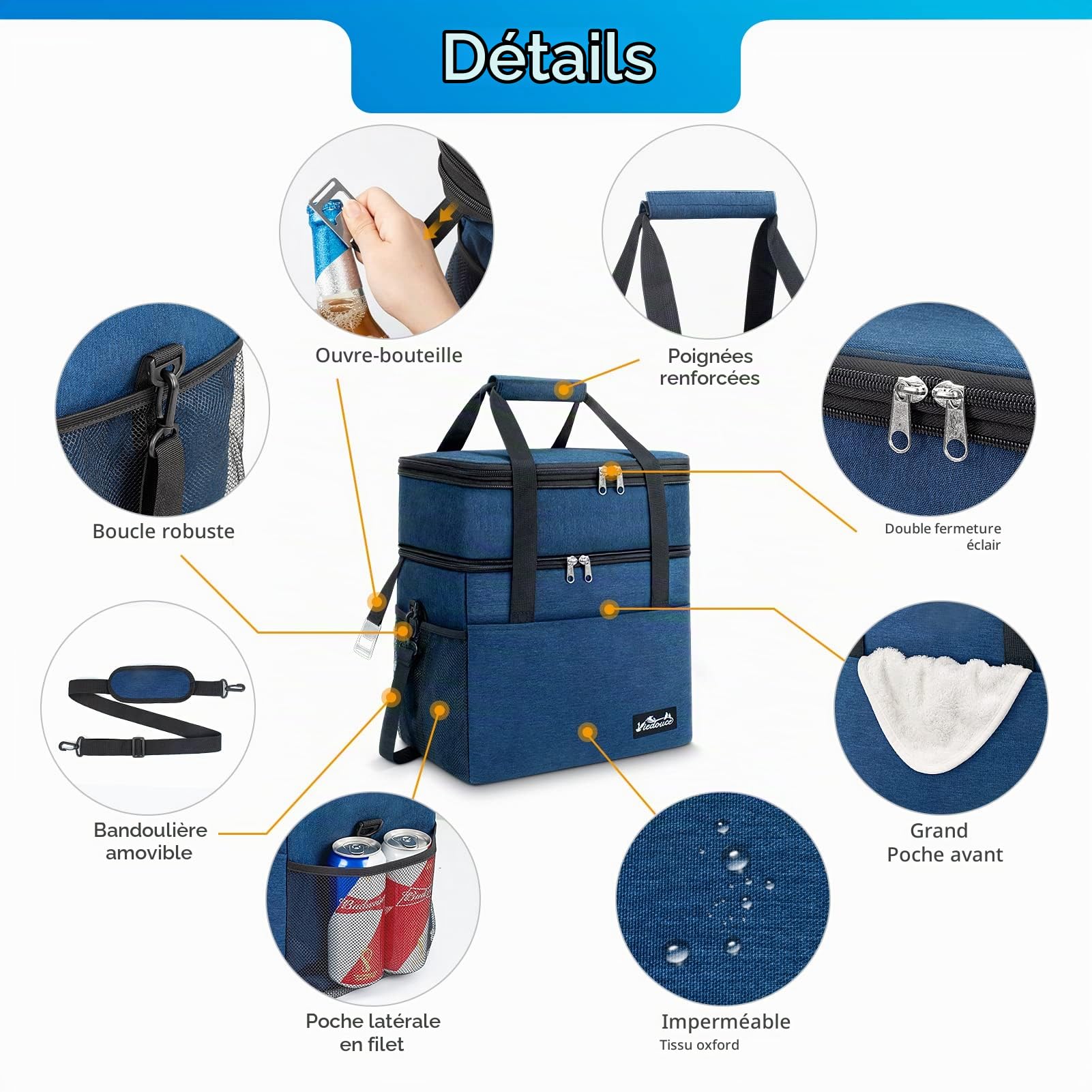 Viedouce Sac Glacière Isotherme Extensible pour Hommes Femmes, Doubles Compartiments Étanches Sac de Pique-Nique avec Bandoulière & Ouvreur de Bière pour Déjeuner/Camping/Voyage (Bleu, 30L)