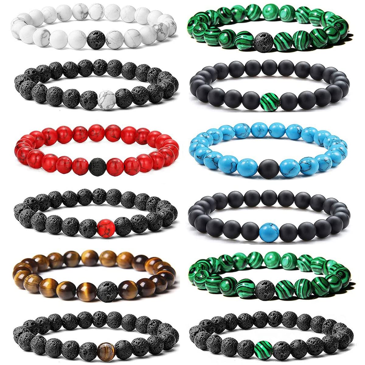 MOZAKA12Pcs Couples Distance Relationship Bracelets Lava Rock Stone Beaded Bracelet for Men Women Natural 8mm Energy Healing Stone Bracelets Essential Oil Diffuser Bracelets His and Her Friendship Matching Bracelets