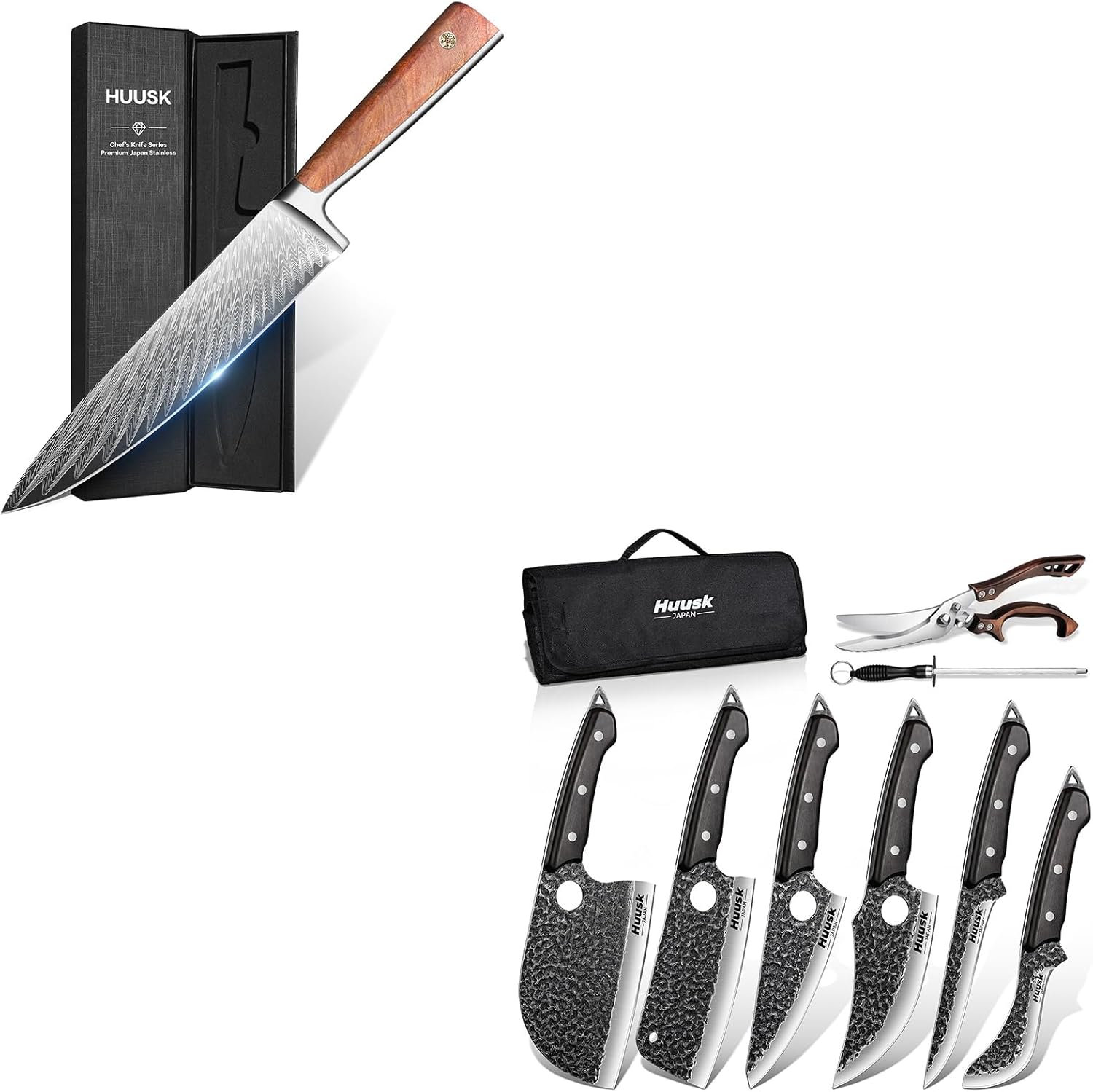 Huusk Serbian Chef Knife Set - 6Pcs Bundle with a 8 Inch Professional Kitchen Knife with Ergonomic Handle,Viking Boning Knives with Bag for Kitchen Outdoor BBQ Camping,Birthday Gift Idea Men
