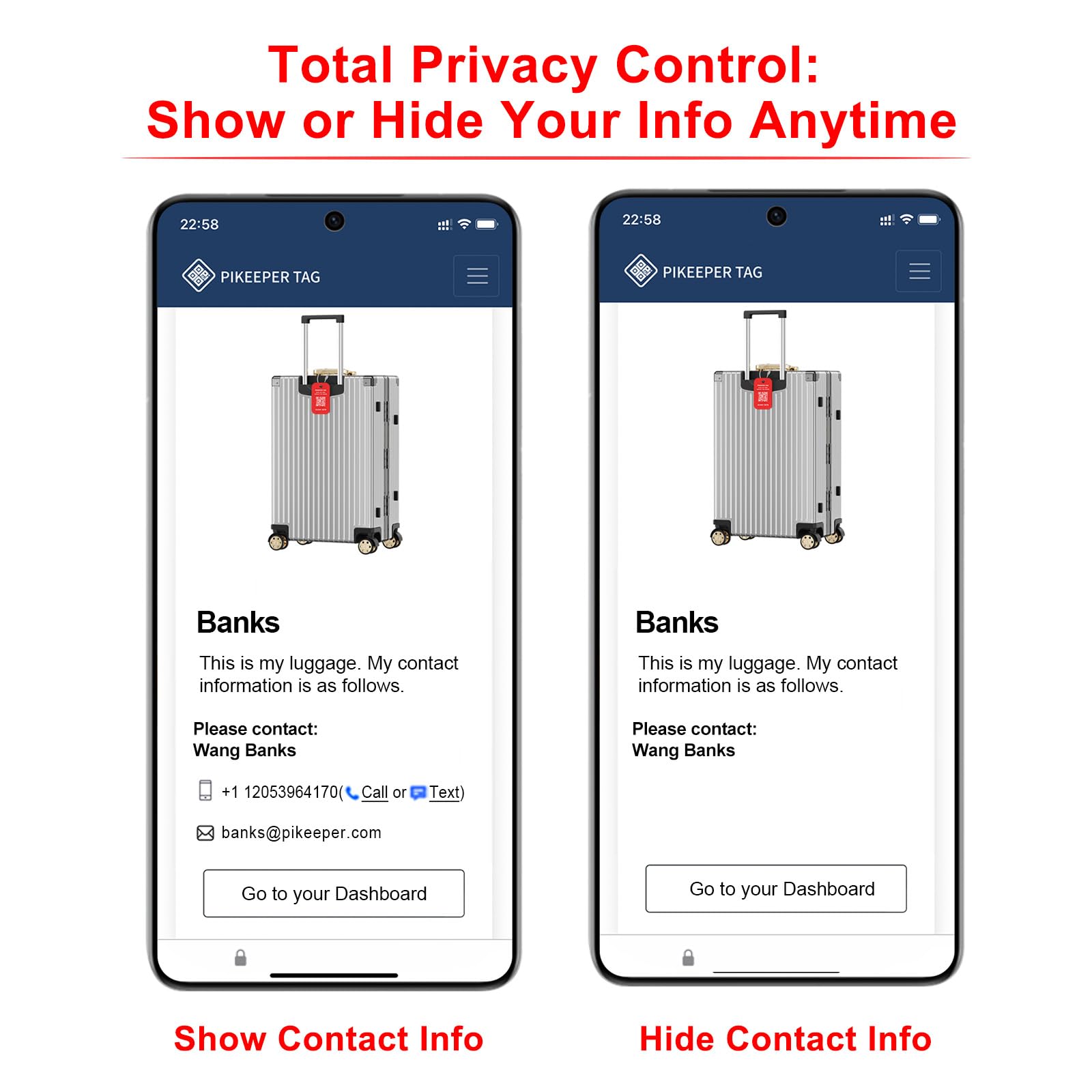 Etichette intelligenti per bagagli (confezione da 4) – Codice QR che mostra la posizione dello scanner durante la scansione, informazioni di contatto controllate dalla privacy, avvisi di