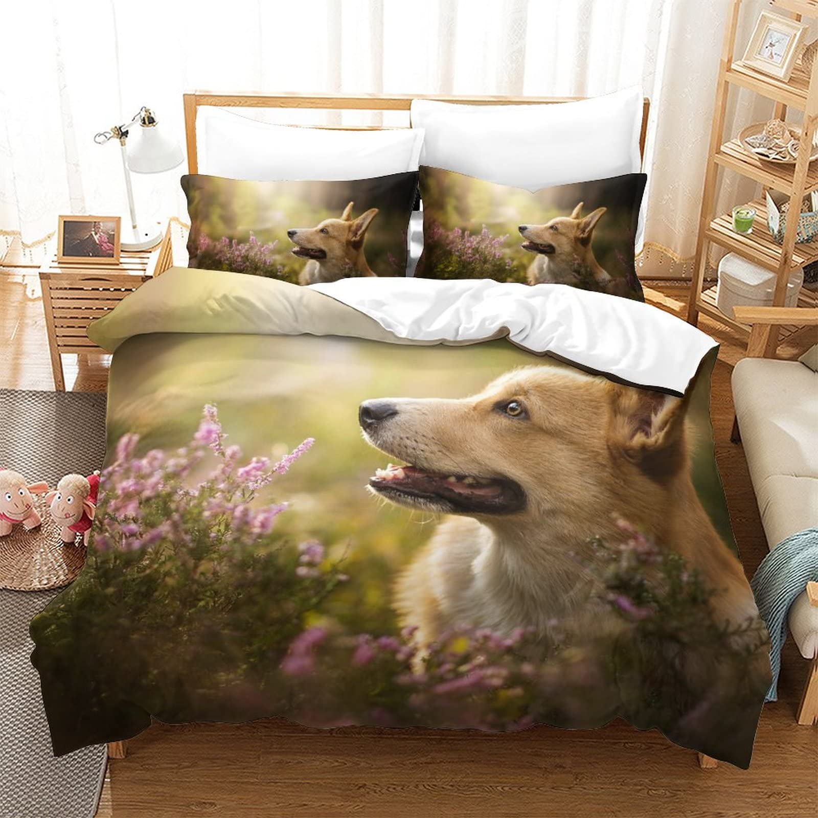 Housse de couette Corgi 3D parure de lit en microfibre douce King Size pour deux personnes 220x240cm