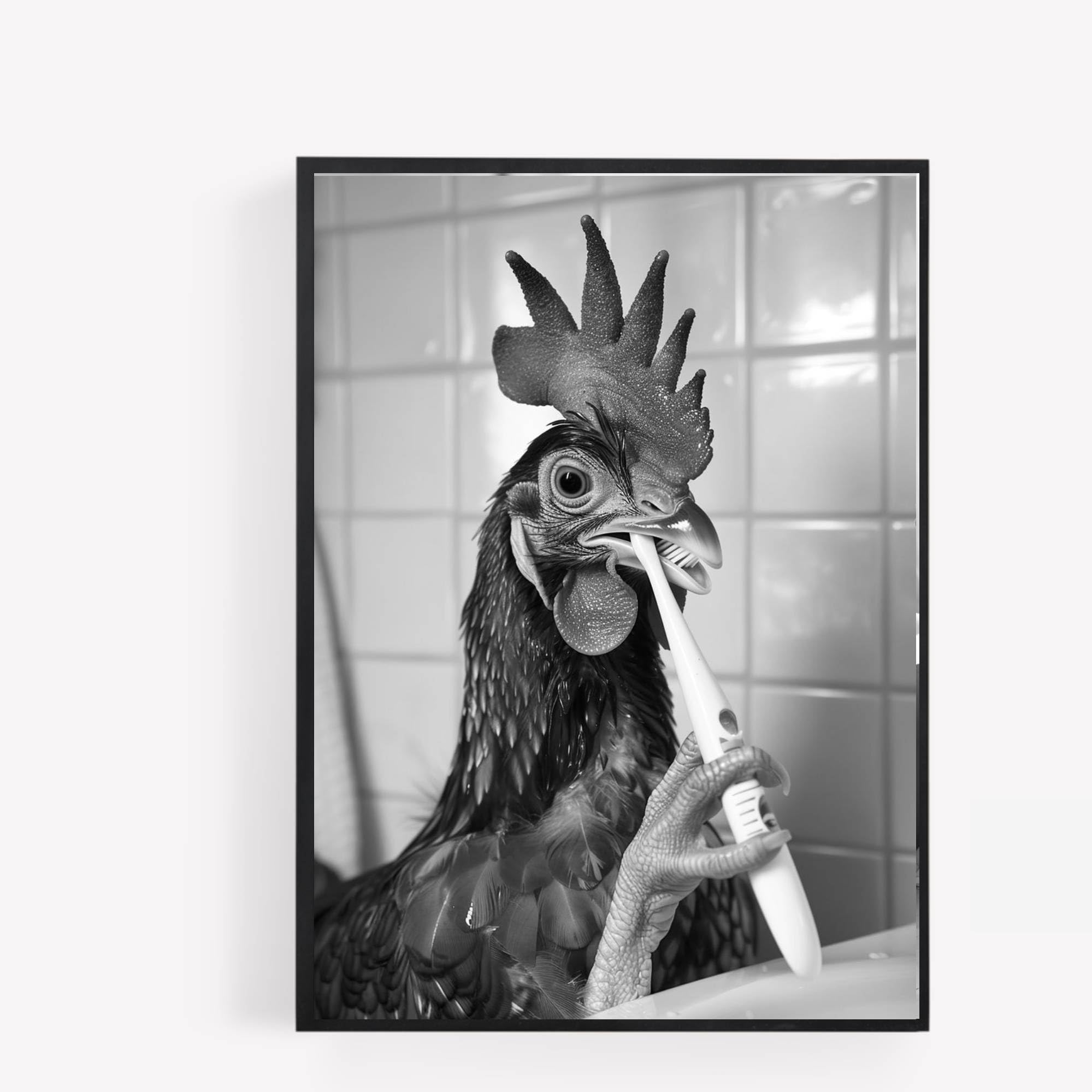 Gfc Black White Funny Bathroom Chicken Brushing Teeth A4 Unframed Print Picture Wall Art Home Decor Decorating