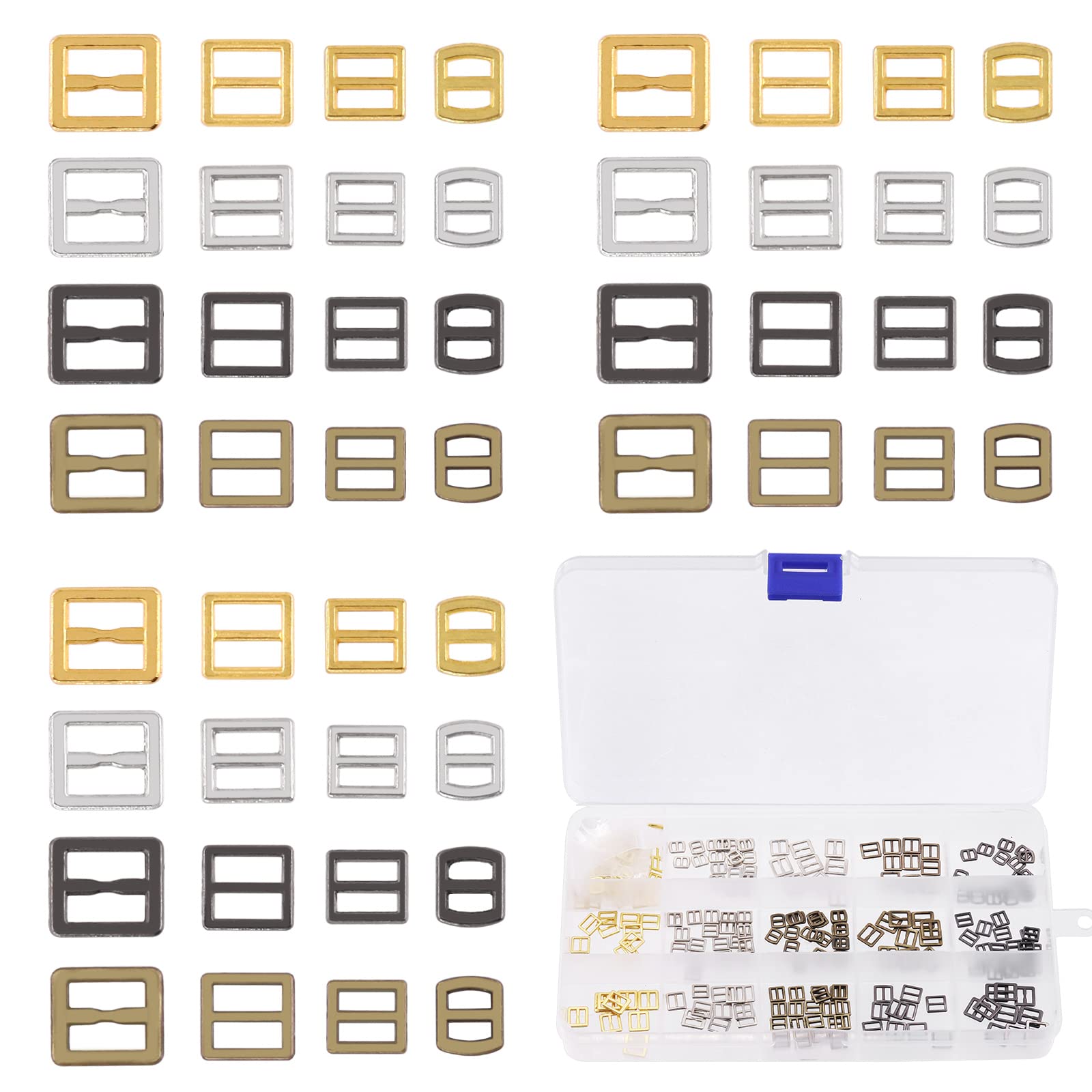 Rustark 240Pcs 4 Colors Sewing Mini Buckles Metal DIY Patchwork Buckle Sewing Mini Tri-Glide Buckles for Belts Backpacks Shoes Pets Collars DIY Crafts