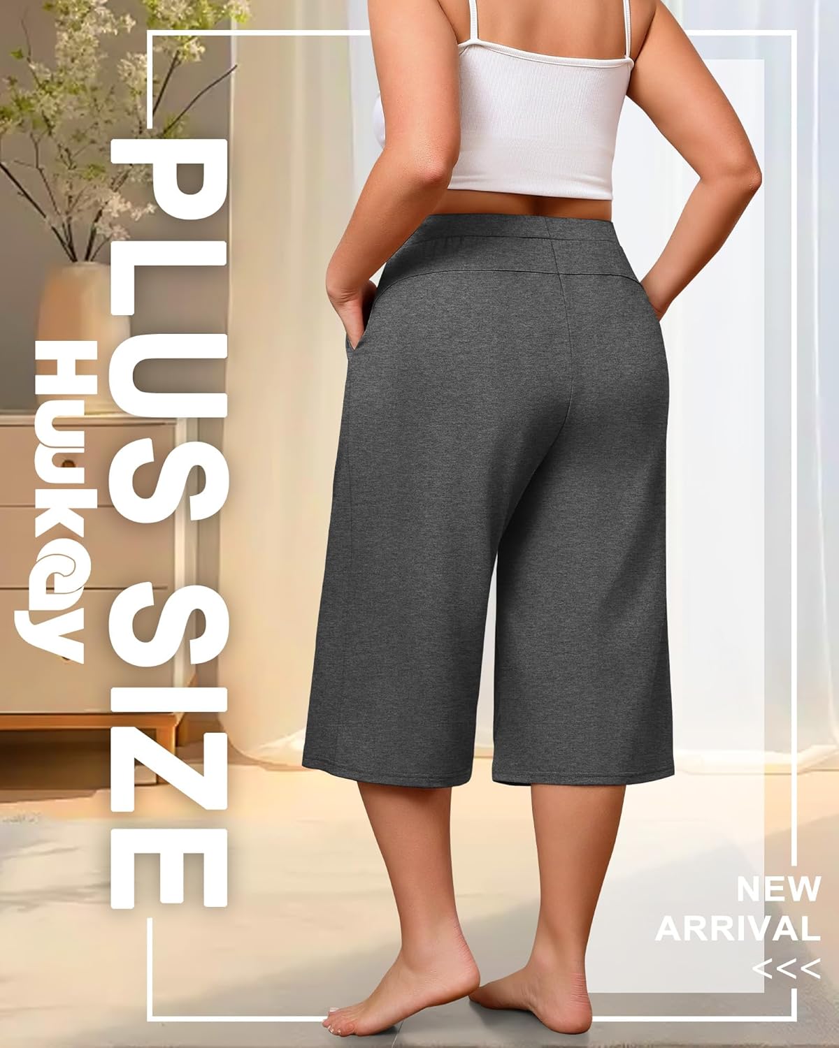 Huukeay 3 Pack Women's Plus Size Capri Pants, Wide Leg Drawstring Capris Sweatpants Loose Cropped Yoga Pants with Pockets - Image 4