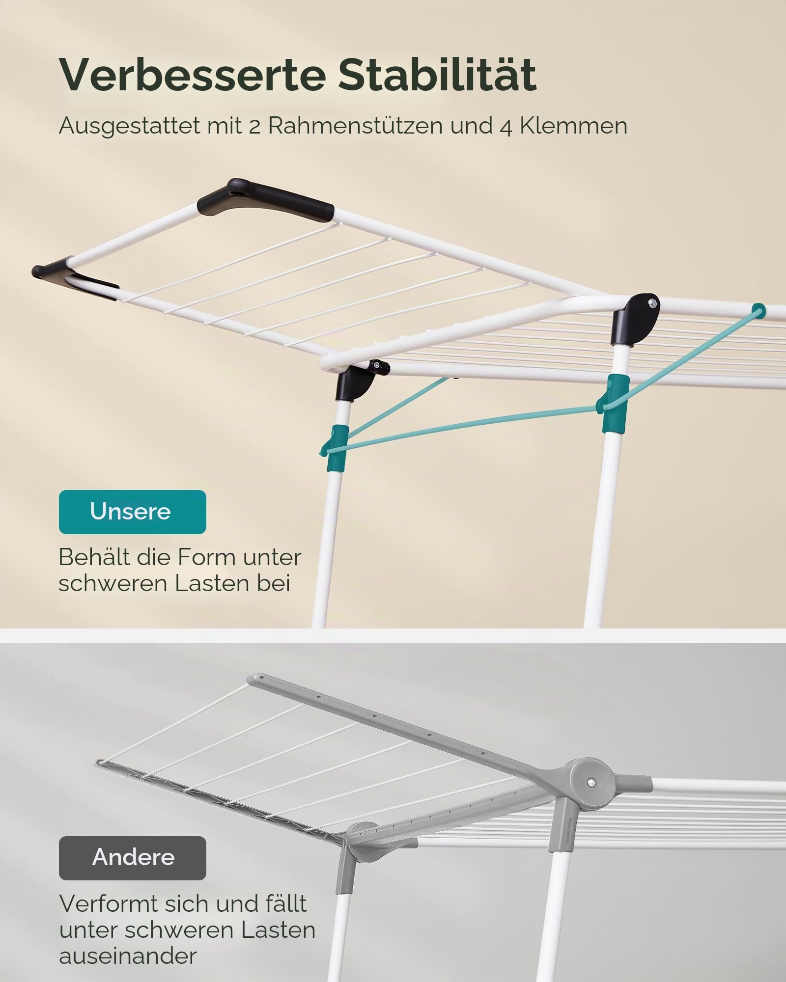 SONGMICS Wäscheständer, 22,2 x 68,1 x 38 Zoll, Wäscheständer, faltbar, platzsparend, mit Flügeltüren, Sockenklammern, Metallstruktur, für Kleidung, Handtücher, Bettwäsche, weiß ULLR518W01