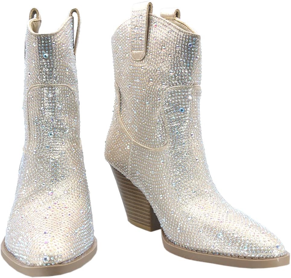 ABSOLEX Women Western Cowgirl Cowboy Pointed Toe Rhinestone Ankle Booties - Image 6