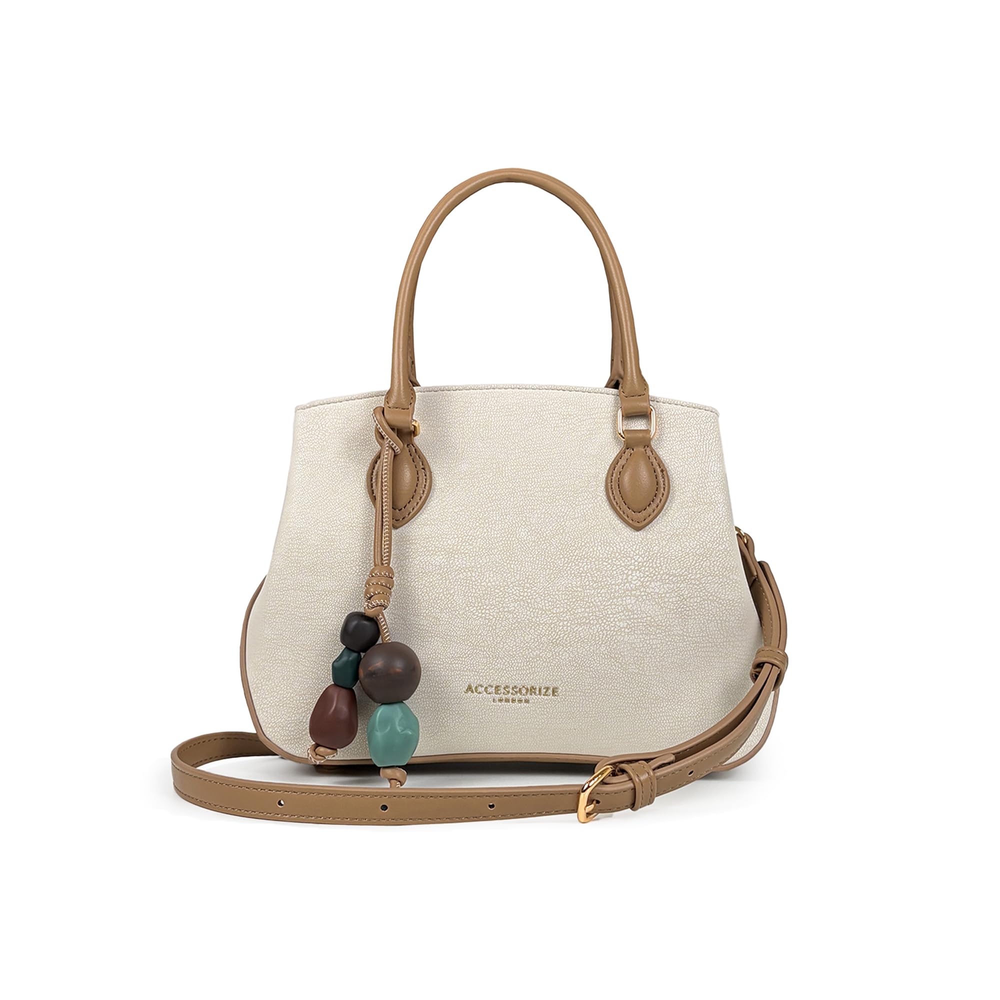 London Women's White Hopper Handheld Bag With Charm | Multi Compartment Satchel Purse for Ladies | Top Handle Crossbody Shoulder Bag with Bead Charm-image-1