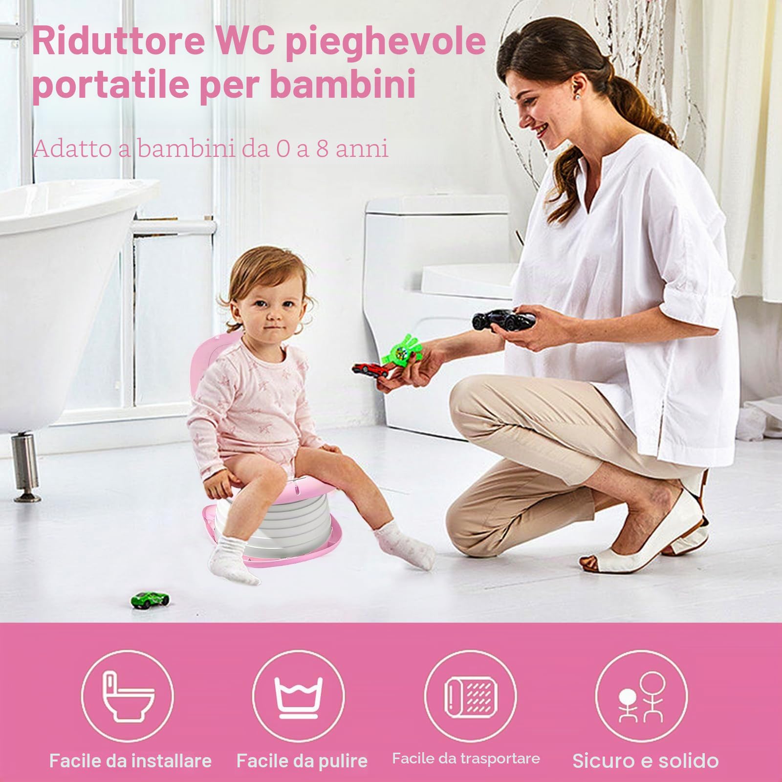 Sedile WC per Bambini, WC Pieghevole per Bambini, Pieghevole WC, Vasino Pieghevole da Viaggio Portatile, Vasino Portatile, Sedile per Vasetto, Vaso Pieghevole da Viaggio Toilette (Rosa)