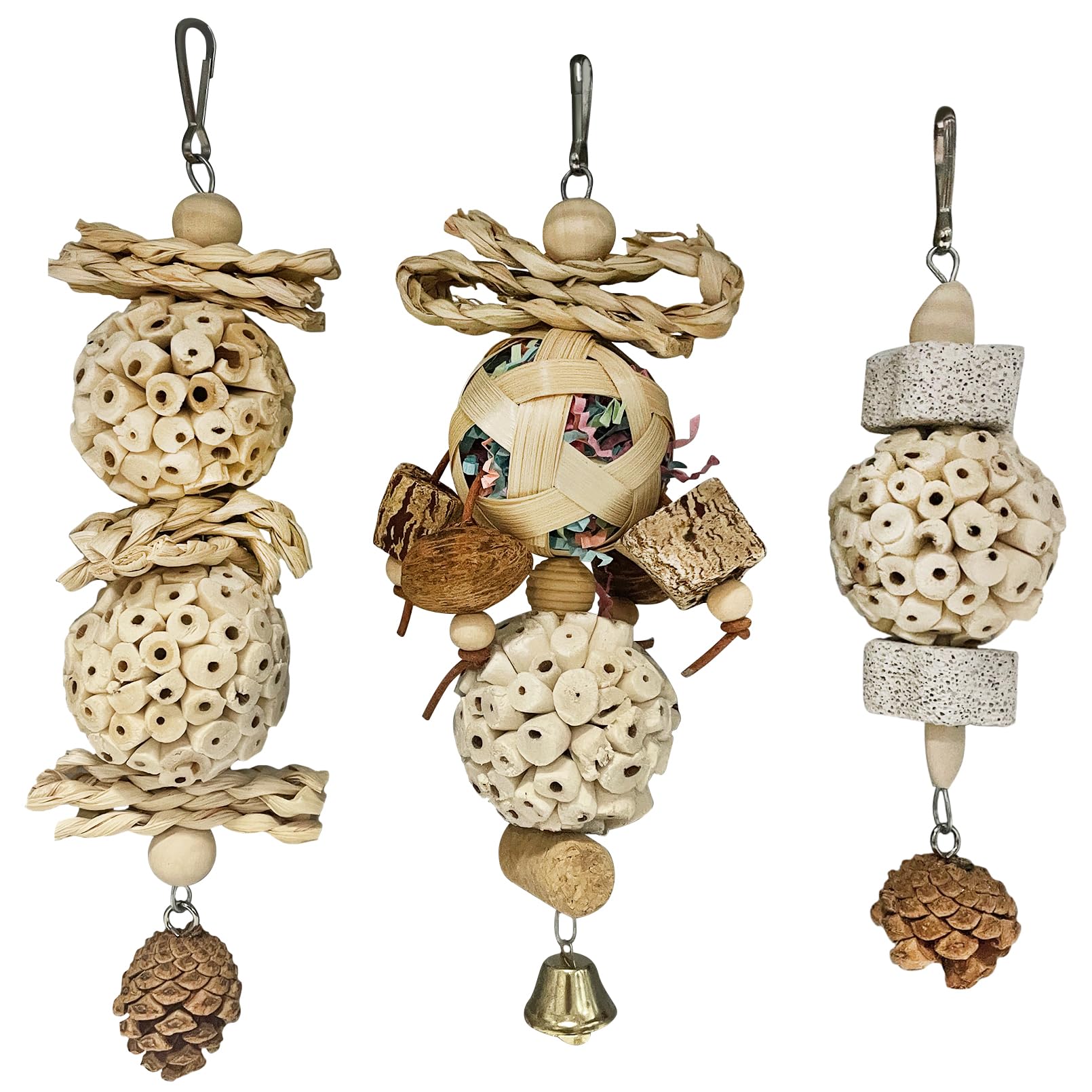 BNOSDM Hanging Bird Toy Sola Balls 3PCS Parrot Shredder Balls Natural Parakeet Foraging Toy Wood Bird Cage Chew Toys for Cockatiel, Budgie, Sun Conure, Quakers, Lovebirds (A)