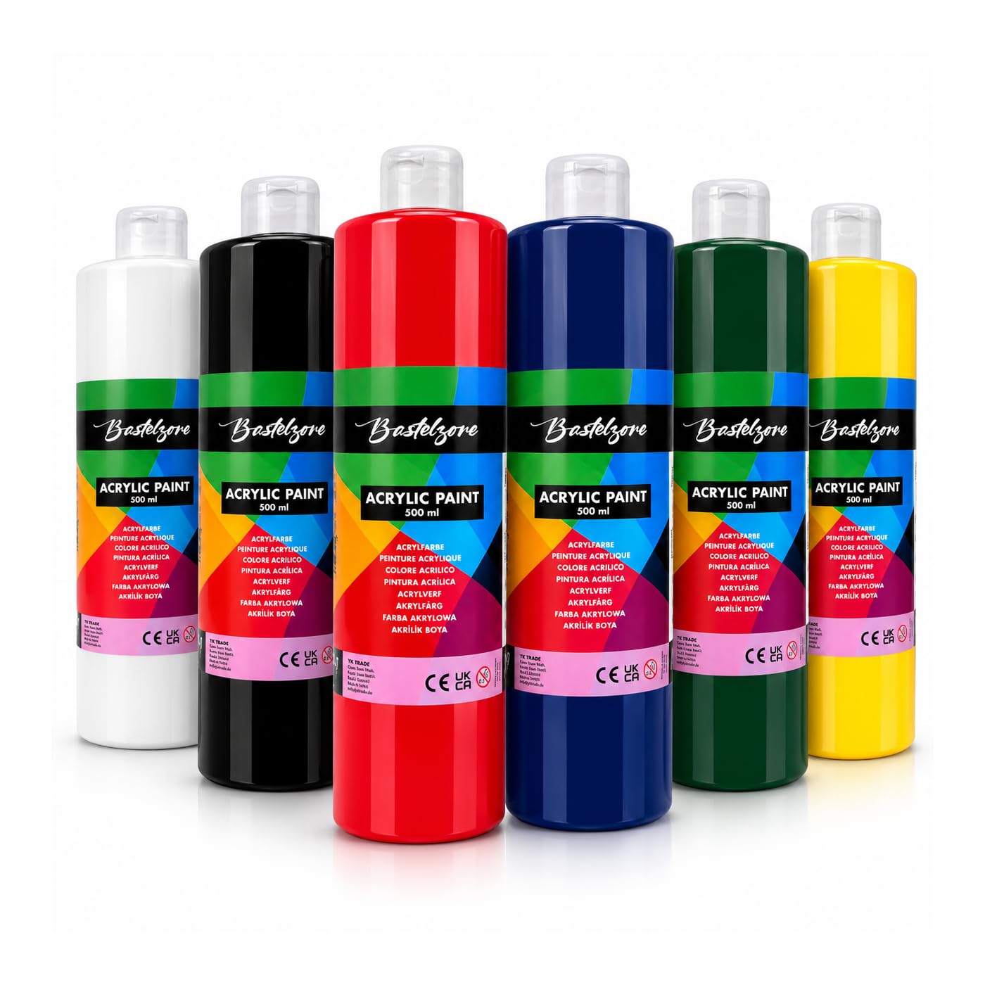 ACRYLFARBEN-SET 6 Farben je 500ml. Hochwertige und deckende Malfarben für Holz, Stein, Leinwand, Malkarton, Papier, Stoff, Leder, Metall, Pouring. Allzweckfarben. Acryl-Grundfarben-Set 6 x 500 ml