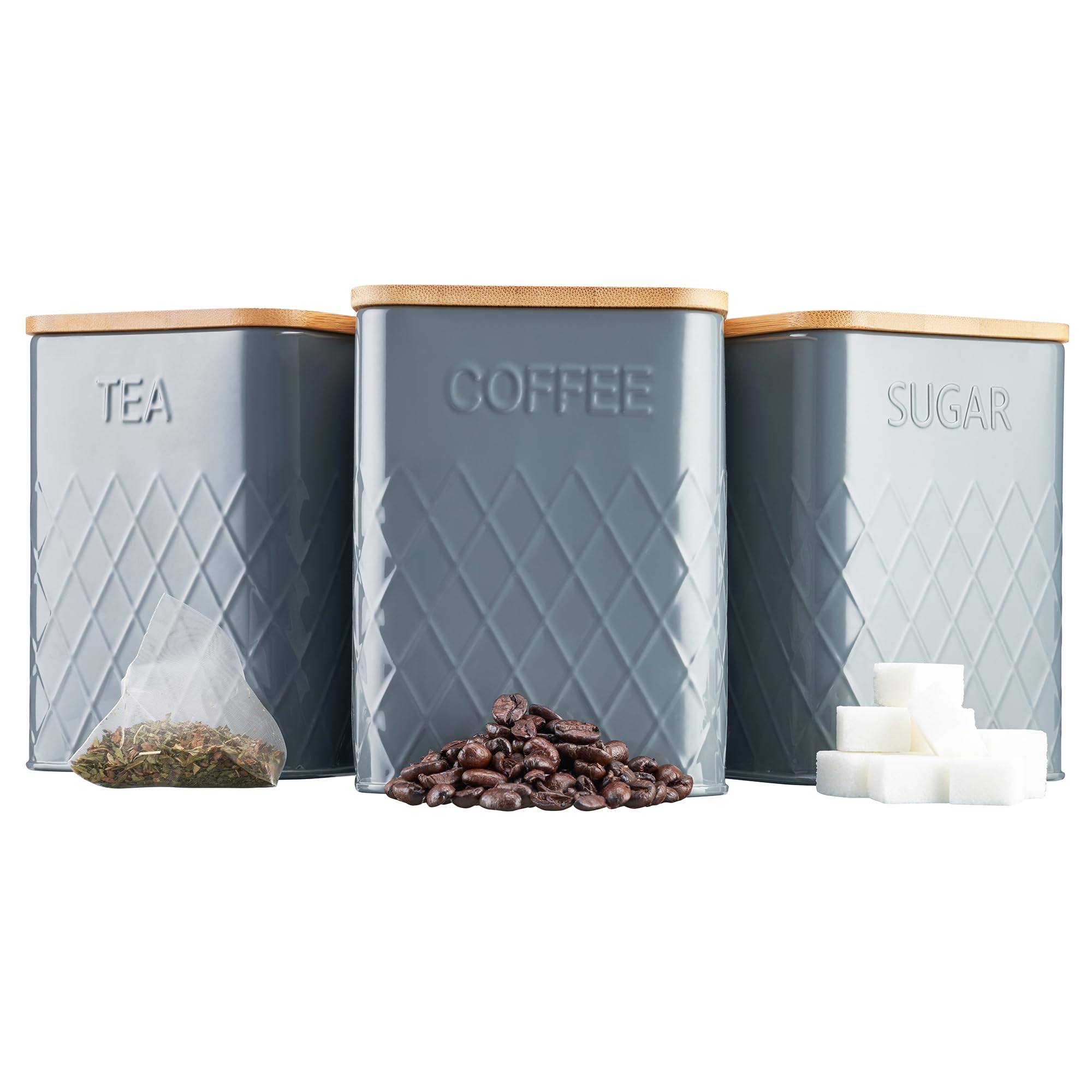 Cooks Professional 3 Piece Tea, Coffee & Sugar Square Cannister Set with Bamboo Lids | Diamond Pattern Labelled Stainless Steel Kitchen Storage Bins Airtight Containers | Grey