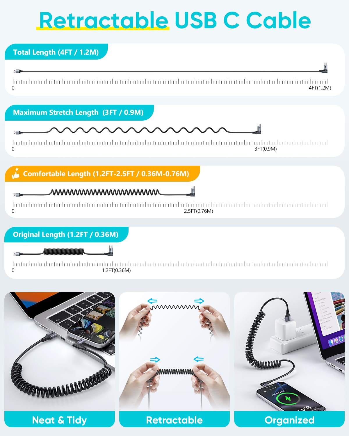 SUNGUY Right Angle Coiled USB C Cable 4FT [Comfortable Length: 1-2.5FT], 2Pack 90 Degree USB-A to USB-C Cable Android Auto Carplay, Type C Cord for iPhone 17 16 15 Pro Max, Galaxy S25 S24 Ultra - Image 2