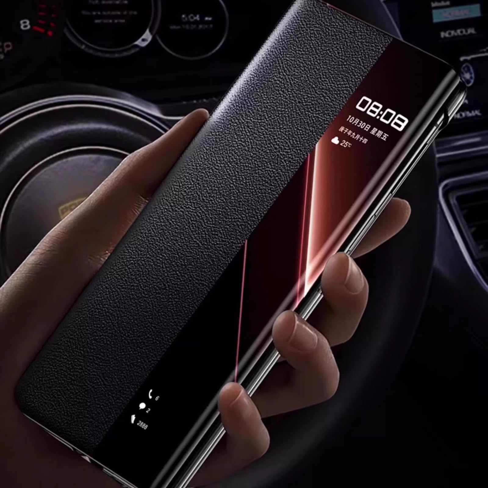 Pokrowiec na Huawei Mate XT, magnetyczne zamknięcie otwierane etui z prawdziwej skóry z funkcją inteligentnego widoku okna luksusowa biznesowa podpórka Shell, czarny, Mate XT