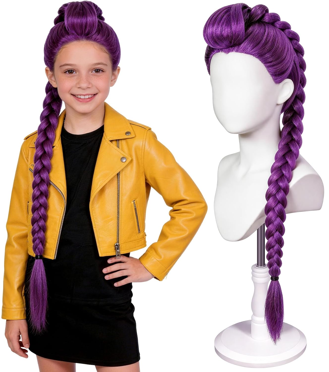 33.5 Inch Purple Braided Wig for Kids, Long Purple Ponytail | Adjustable wig cap included, synthetic purple braid for Halloween parties, cosplay, costume role play, and stage shows