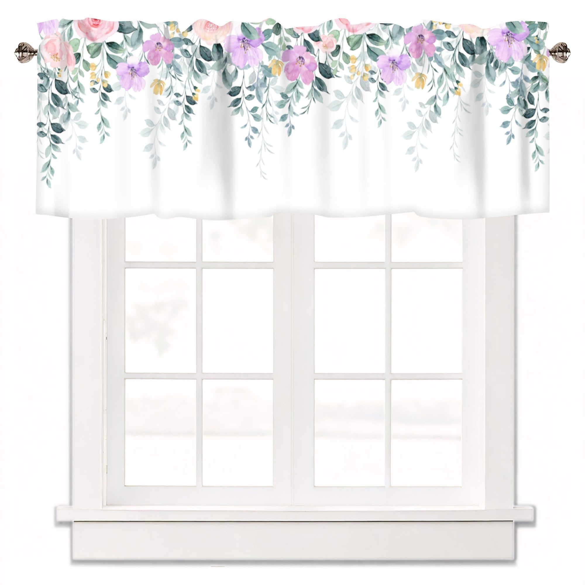 Eucalyptus Floral Valances for Windows, Kitchen Short Curtains 42x12 Inch