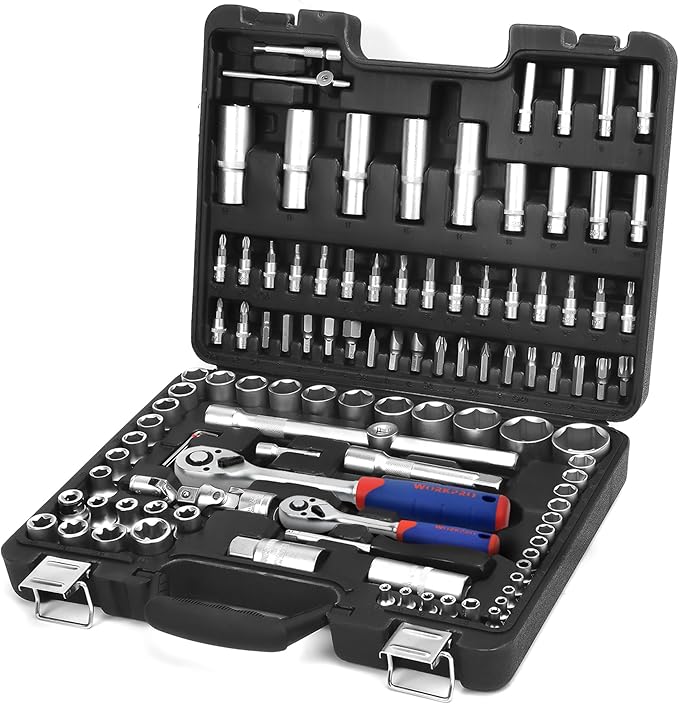 WORKPRO Set di Chiavi a Bussola con Cricchetto 1/4''+ 1/2'' 108 Pezzi, Custodia Portatile, Maniglia Girevole, Barra di Prolunga, Kit di Attrezzi Meccanici per Auto