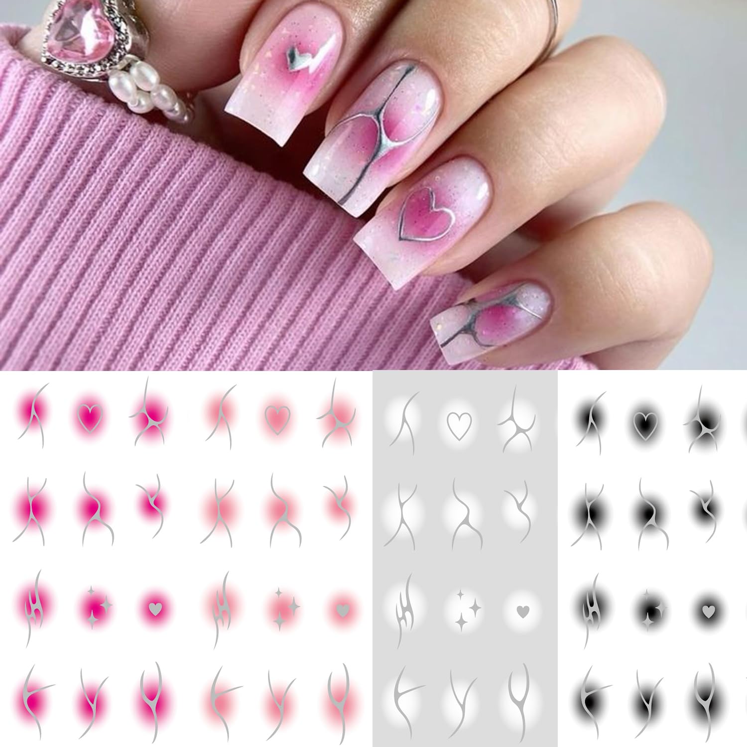 S.A.V.I 4 Sheets - 3D Self-Adhesive Nail Art Stickers | Blush Gradient with Metallic Silver Lines | Baby Pink, Hot Pink, Black & White | Heart & Abstract Designs-image-29