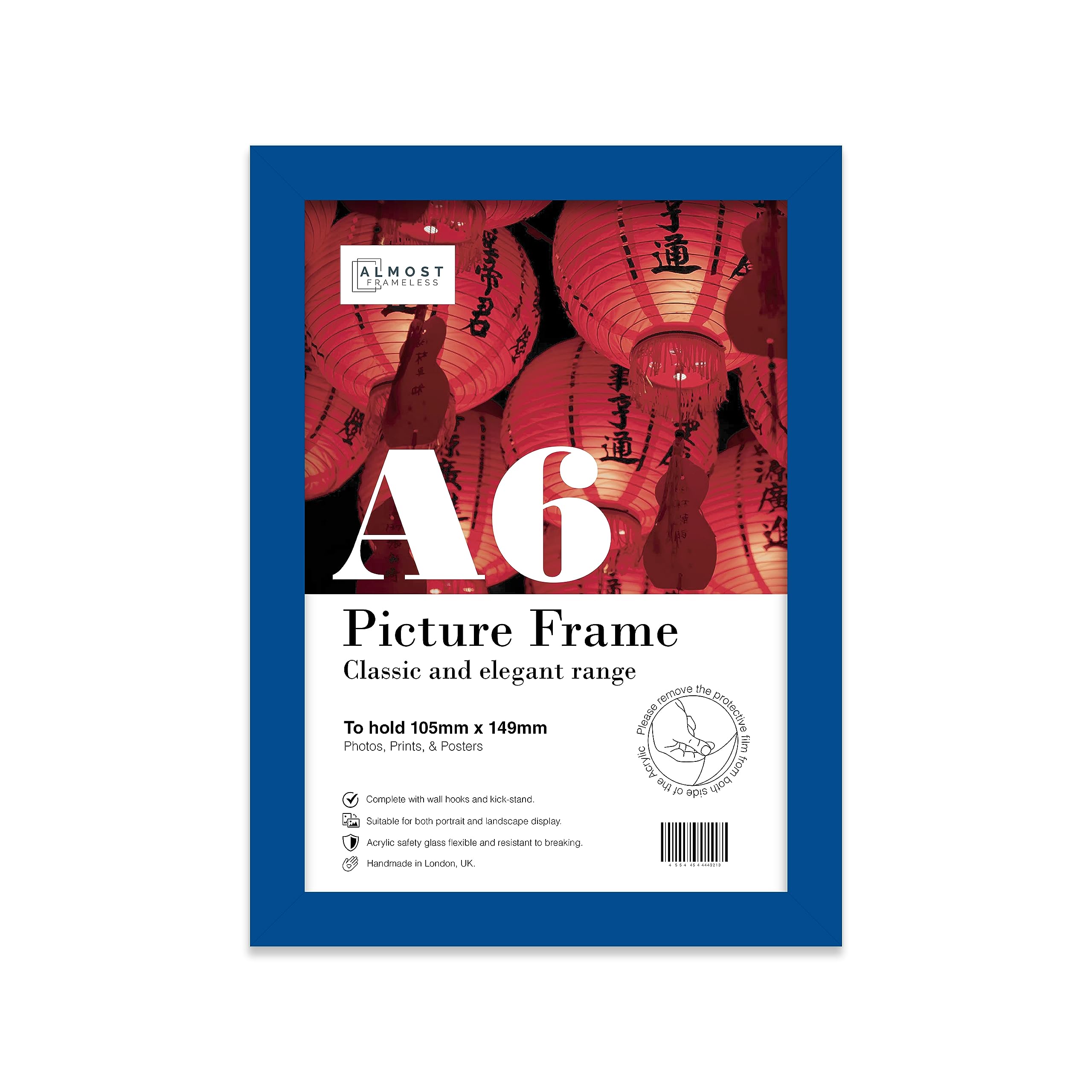 Almost Frameless A6 Blue Picture Frame 4.1"x5.8"(10.5x14.8cm) Poster, Photo, Artwork, or Print. Thin Edge Slim Frame Portrait and Landscape Display with Wall Hooks