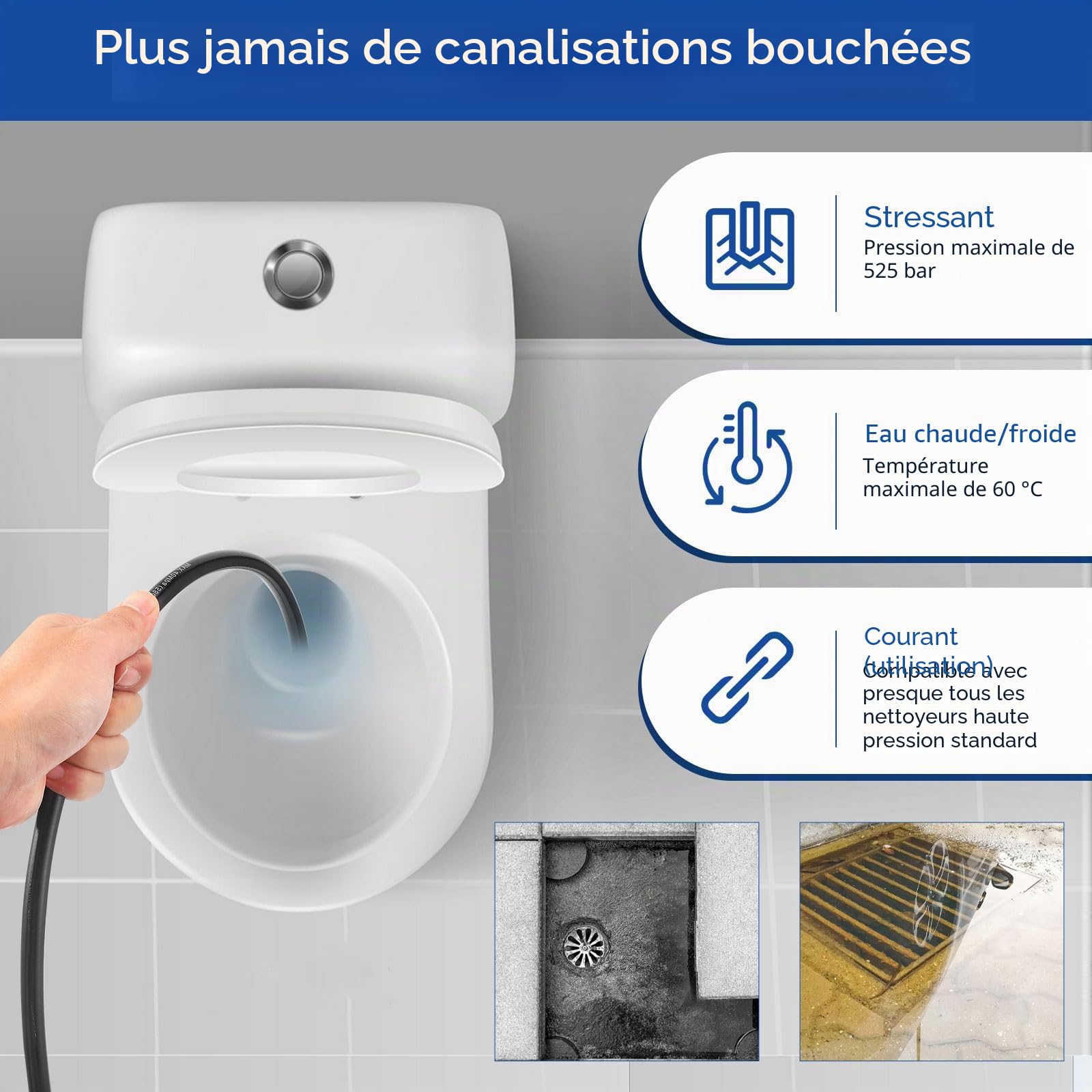 30m Tuyau Déboucheur Canalisation, Furet Deboucheur Canalisation 400 Bar/5800 PSI avec 3 Adaptateurs, 2 Buses et 1 Ruban Téflon, Compatible Kärcher K2-K7, Lavor, Bosch, Parkside pour Usage Domestique