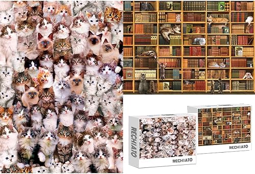 Miniatura 9 de Paquete de 2 rompecabezas de 1000 piezas de la biblioteca del mundo del gato y del gatito, rompecabezas de gatos para adultos de 1000 piezas en