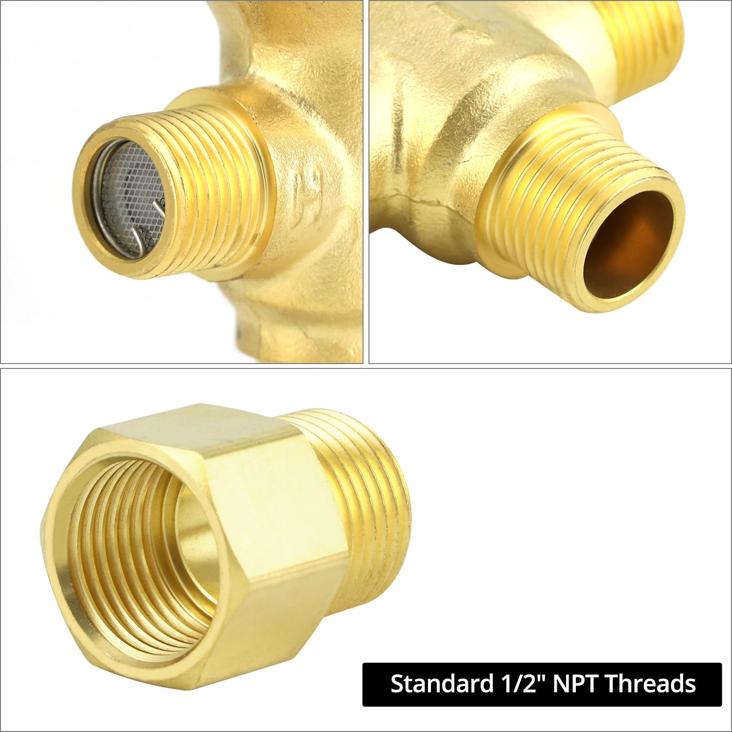 QWORK Thermostatic Mixing Valve, Solid Brass Pipe Water Valve with Temperature Control - 1/2 NPT Male Connections - Includes 3 Adapters, for Wash Basins, Showers, Kitchens