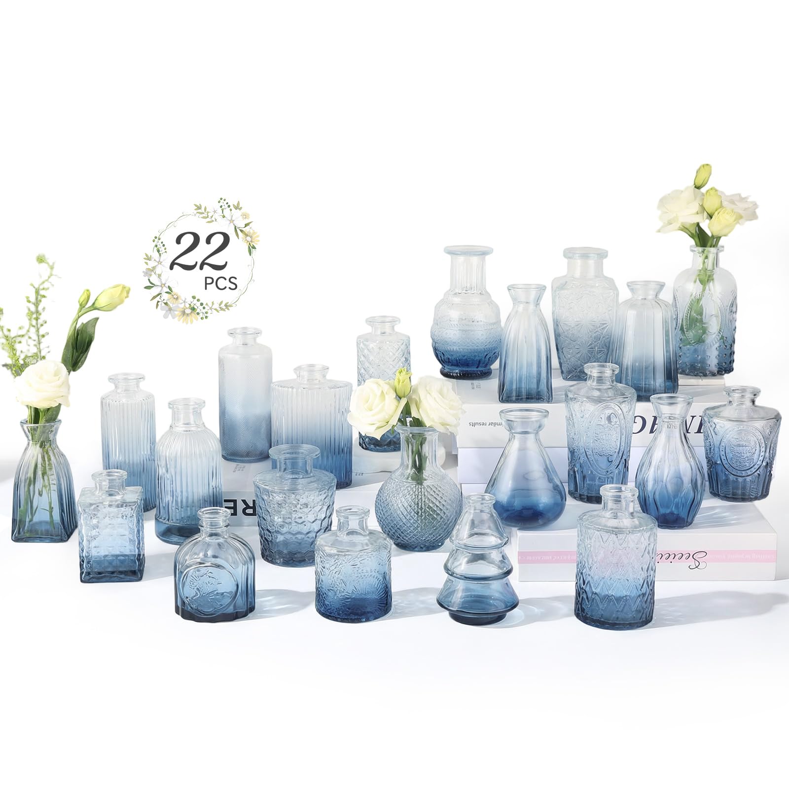 RUCKACE Bud Vases in Bulk 22 Blue Glass Small Vases Flower Vase Bulk for Centerpiece Table Wedding Decorations Home Decor Party(Gradient Blue 22 Pack)