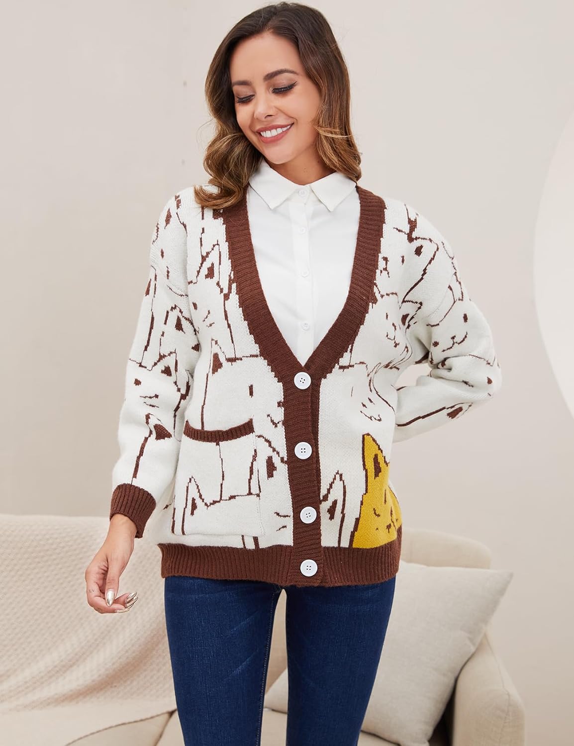 Gihuo Women Cat Sweater Oversized Cute Kawaii Cardigan Knit Graphic V Neck Loose Fit Long Sleeve Cardigan Coat