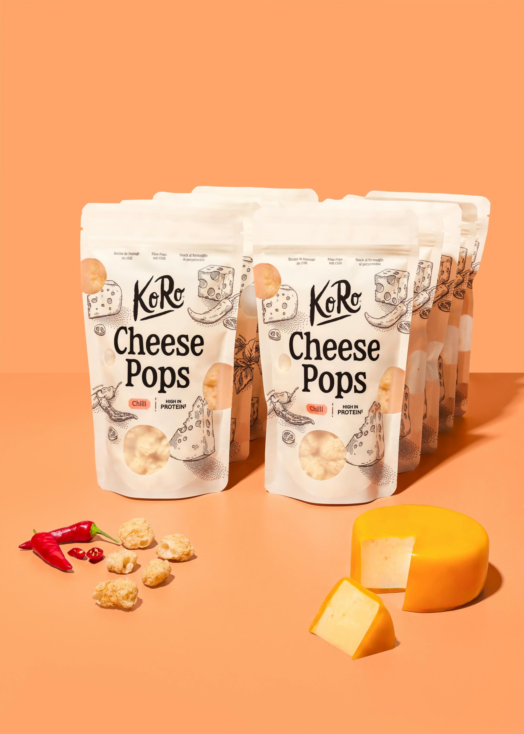 KoRo - Cheese Pops con formaggio Gouda e peperoncino 10 x 50 g - Ricco di proteine (42 g/100 g) - Extra croccanti e saporiti - Solo 2 ingredienti: formaggio e peperoncino