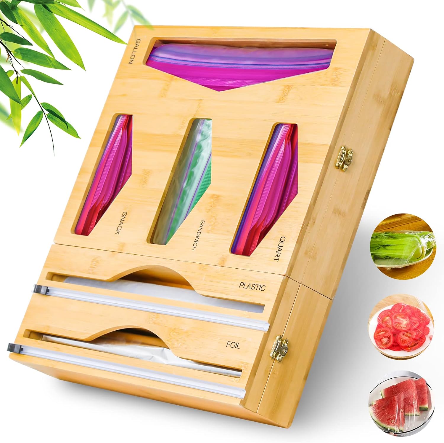Bag Storage Organizer for Kitchen Drawer, Bamboo Ziplock Bag Storage Organizer Aluminum Foil with Cutter, Wall-mount Plastic Bag Storage Holder for Kitchen Drawer Wall Cabinet