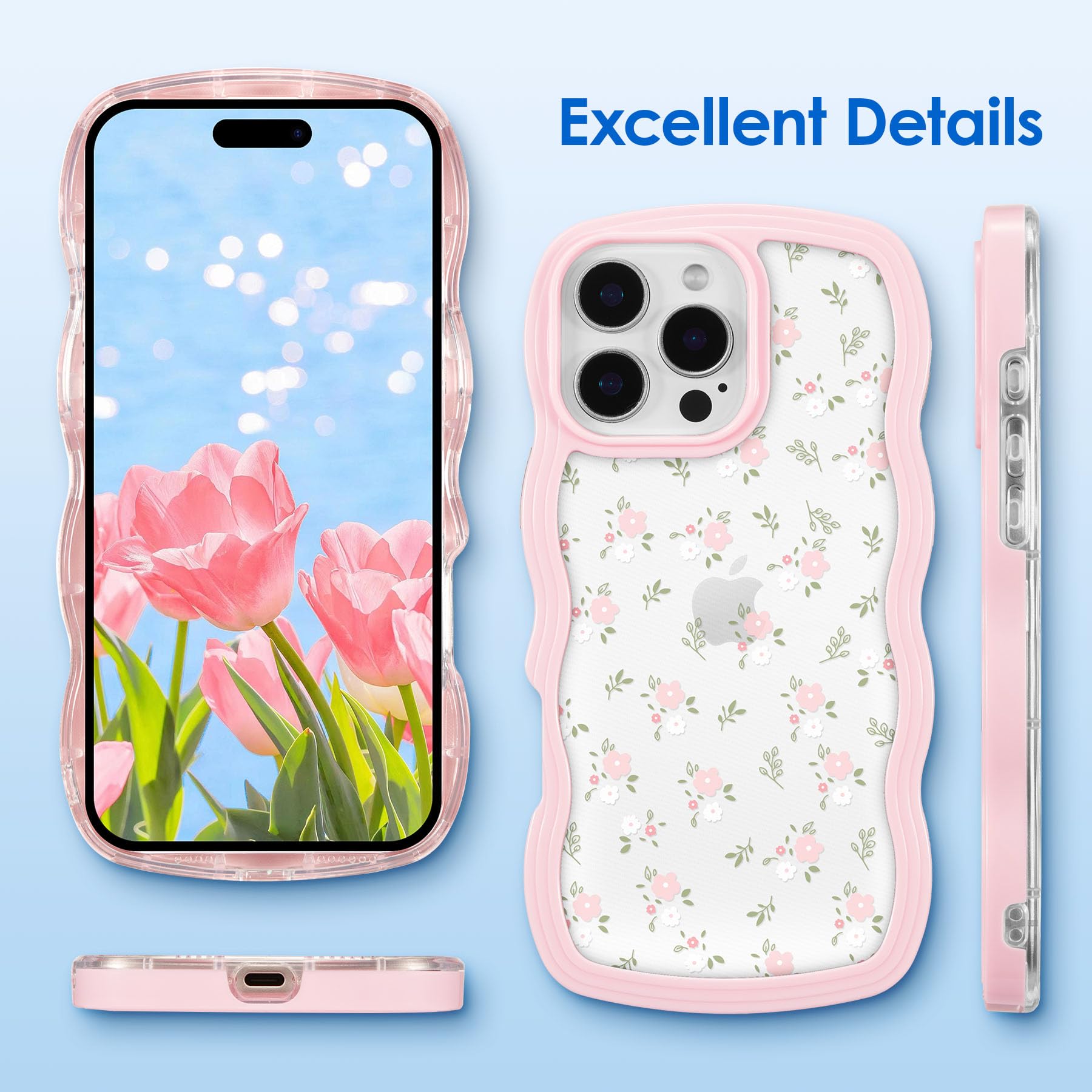 QLTYPRI For IPhone 13/iPhone 14 Case, Cute Curly Wave Frame Clear Case For Girls Women, Flower Clear TPU Bumper Slim Soft Silicone Shockproof Protective Phone Cover For IPhone 13/14 - Pink Floral