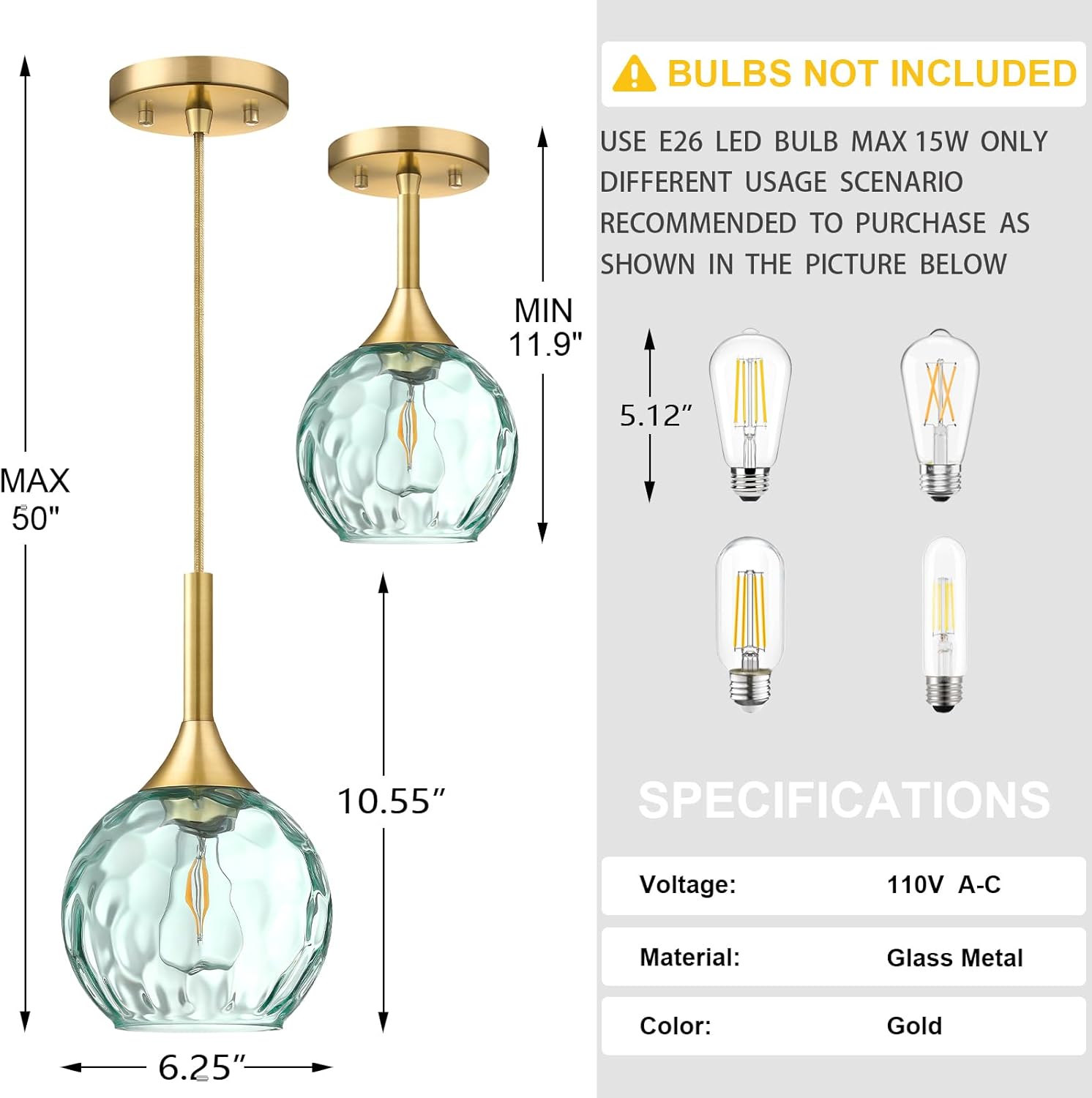 6.3" Hammer Green Glass Pendant Light 3 Pack Pendant Ceiling Light Fixture Gold Finish Modern Farmhouse Dinning Over Sink Adjustable Height Cord