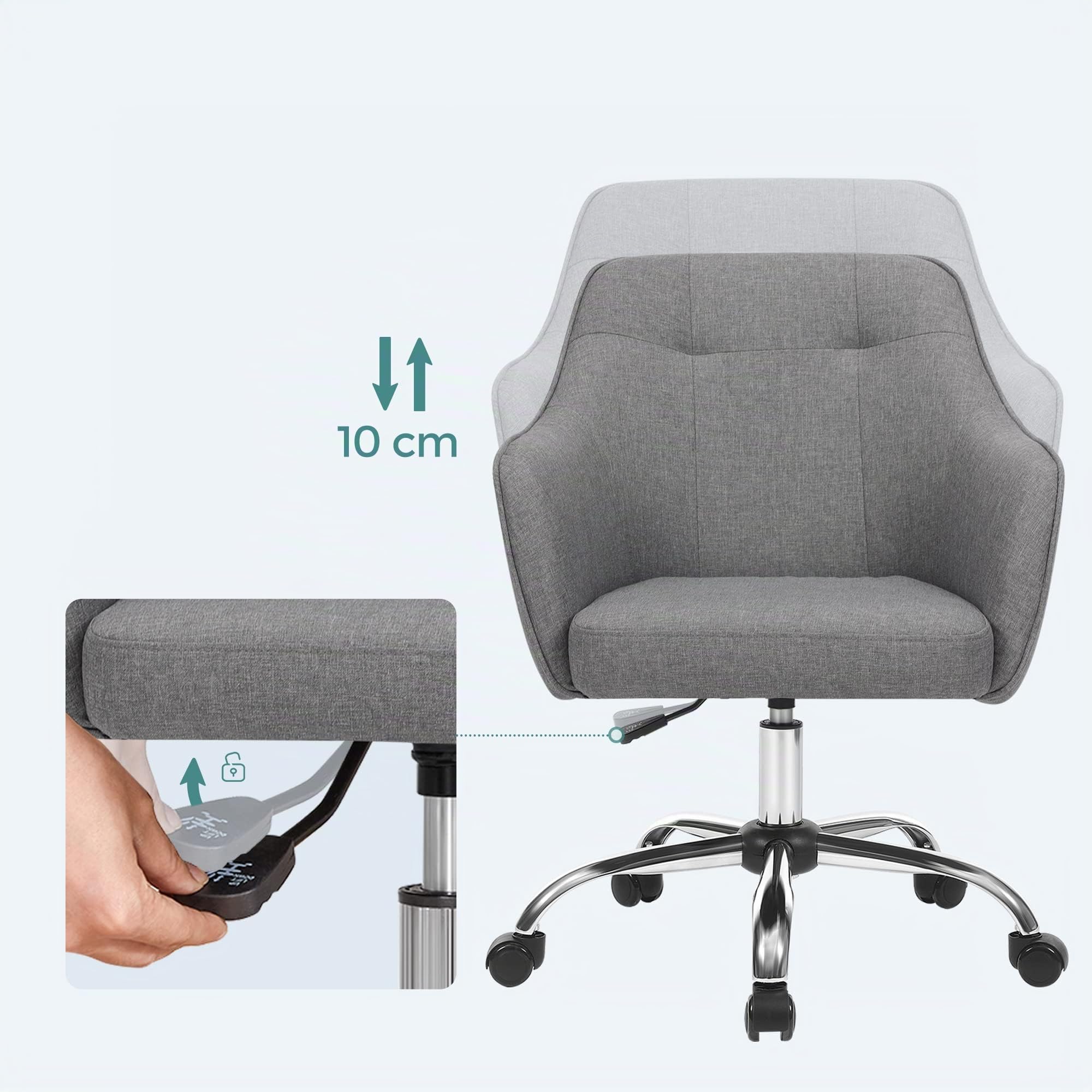 SONGMICS Juego de 2, Silla de Estudio, Silla Giratoria, Altura Ajustable, Carga de 110 kg, Marco de Acero, Tela de Algodón-Lino Transpirable, para Estudio, Dormitorio, Gris OBG919G01 | Ajustable en altura, con ruedas, capacidad 110 kg, para habitación, to