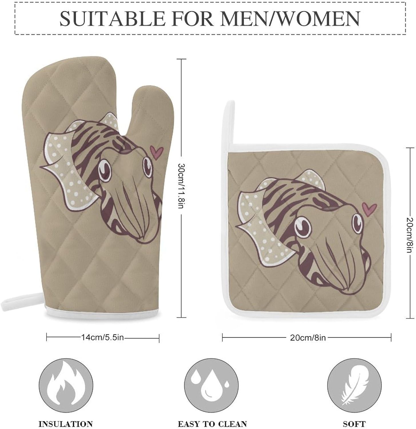Cuttlefish Love Print Oven Mitts and Pot Holders 3 Piece Sets Heat Resistant Gloves Hot Pads Potholders for Kitchen Baking Cooking
