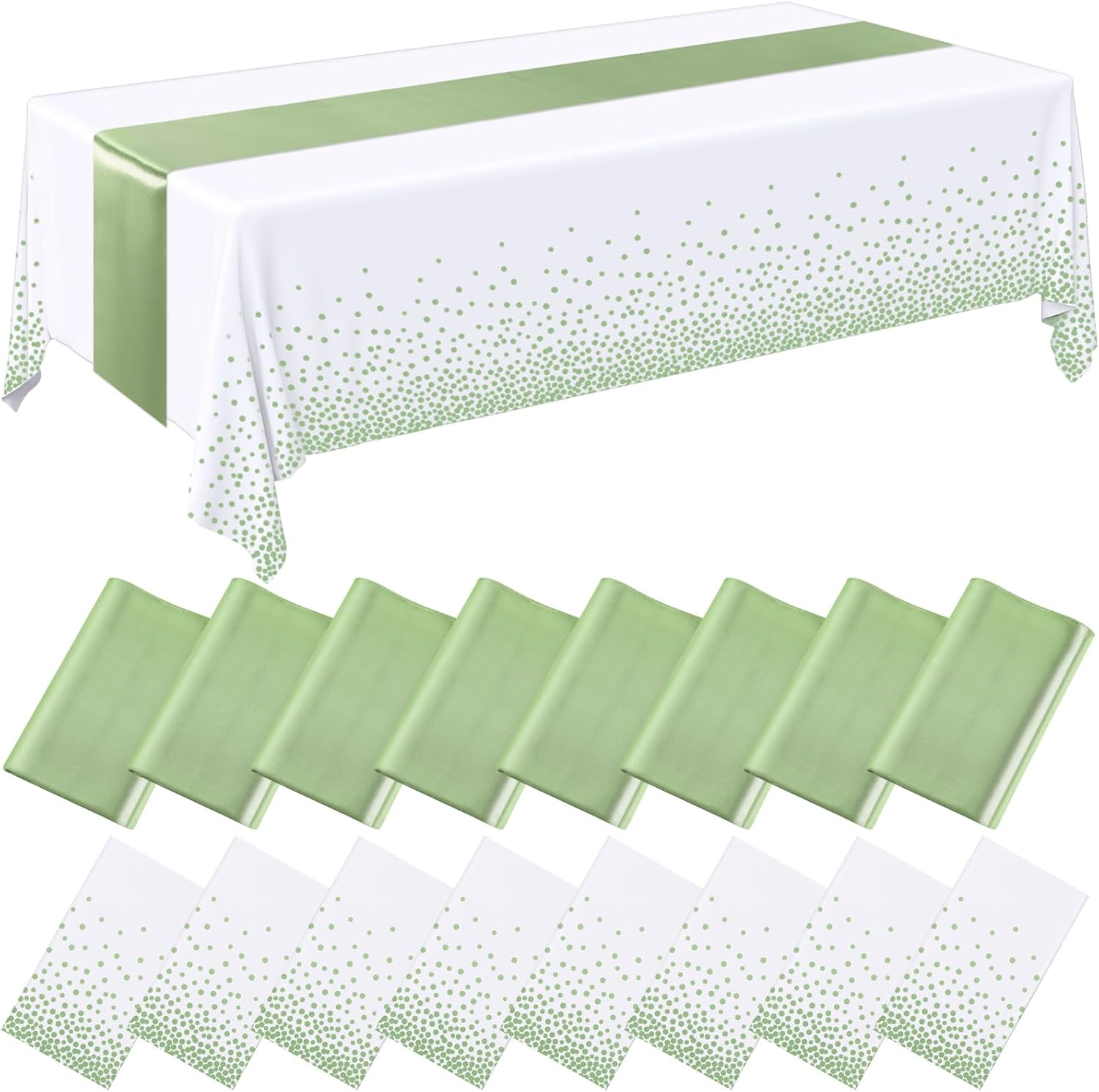 Tudomro 16 Pcs White and Sage Green Disposable Plastic Tablecloths and Satin Table Runner Set 54x108 Inch Tablecloth 12x108 Inch Table Runners for New Year Wedding Birthday Baby Shower Graduation